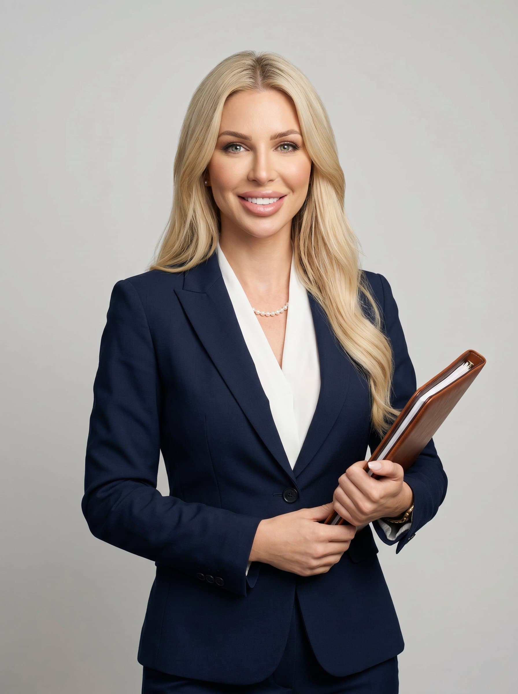 : Depict a CPA in a formal suit, captured with a neutral background. Their expression exudes confidence and approachability, characteristics vital for building strong client relationships.