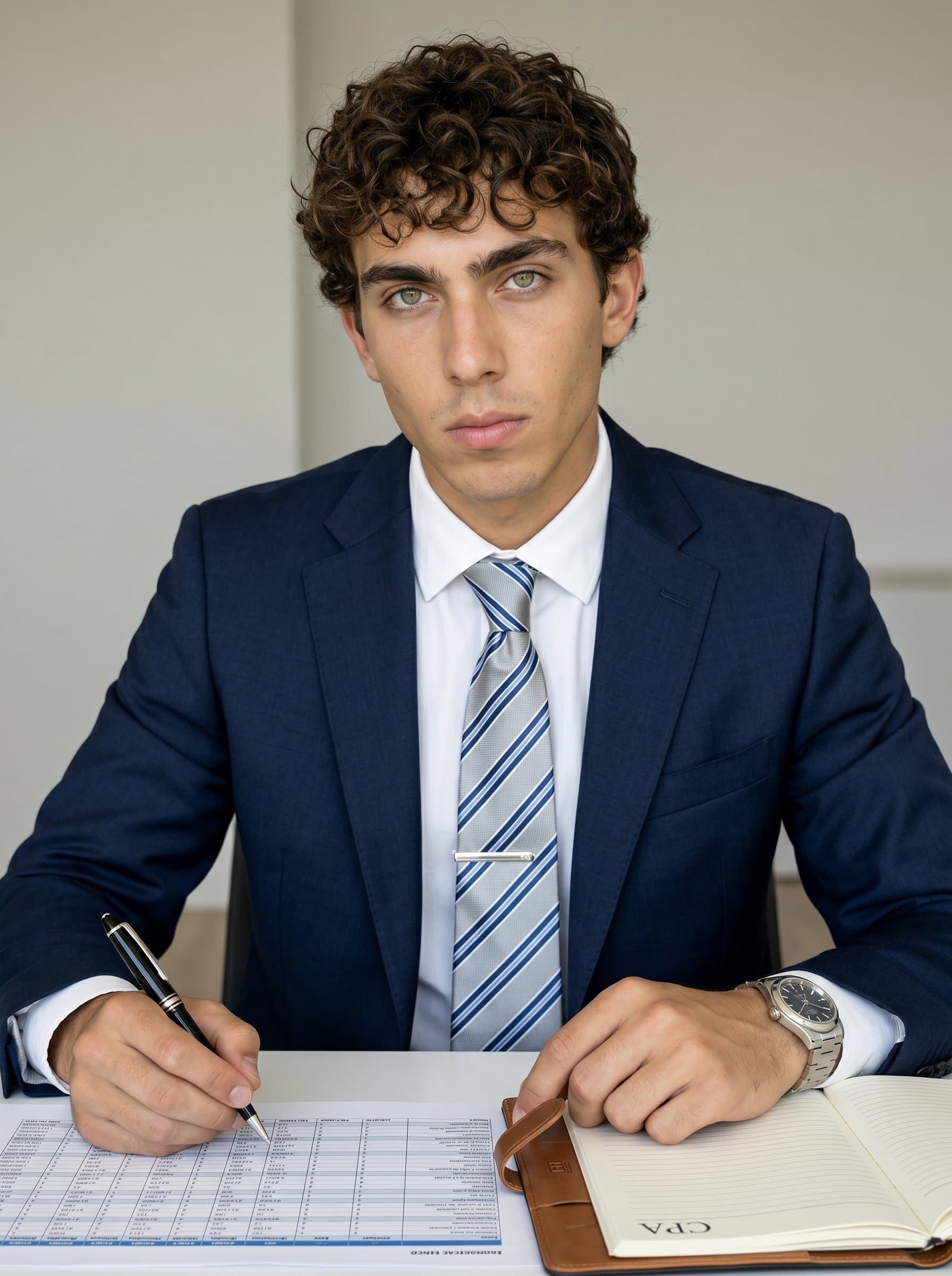 : Capture the essence of a CPA in a formal business setting, with a neutral background. The photorealistic image emphasizes their commitment to precision and trust, central to their role.