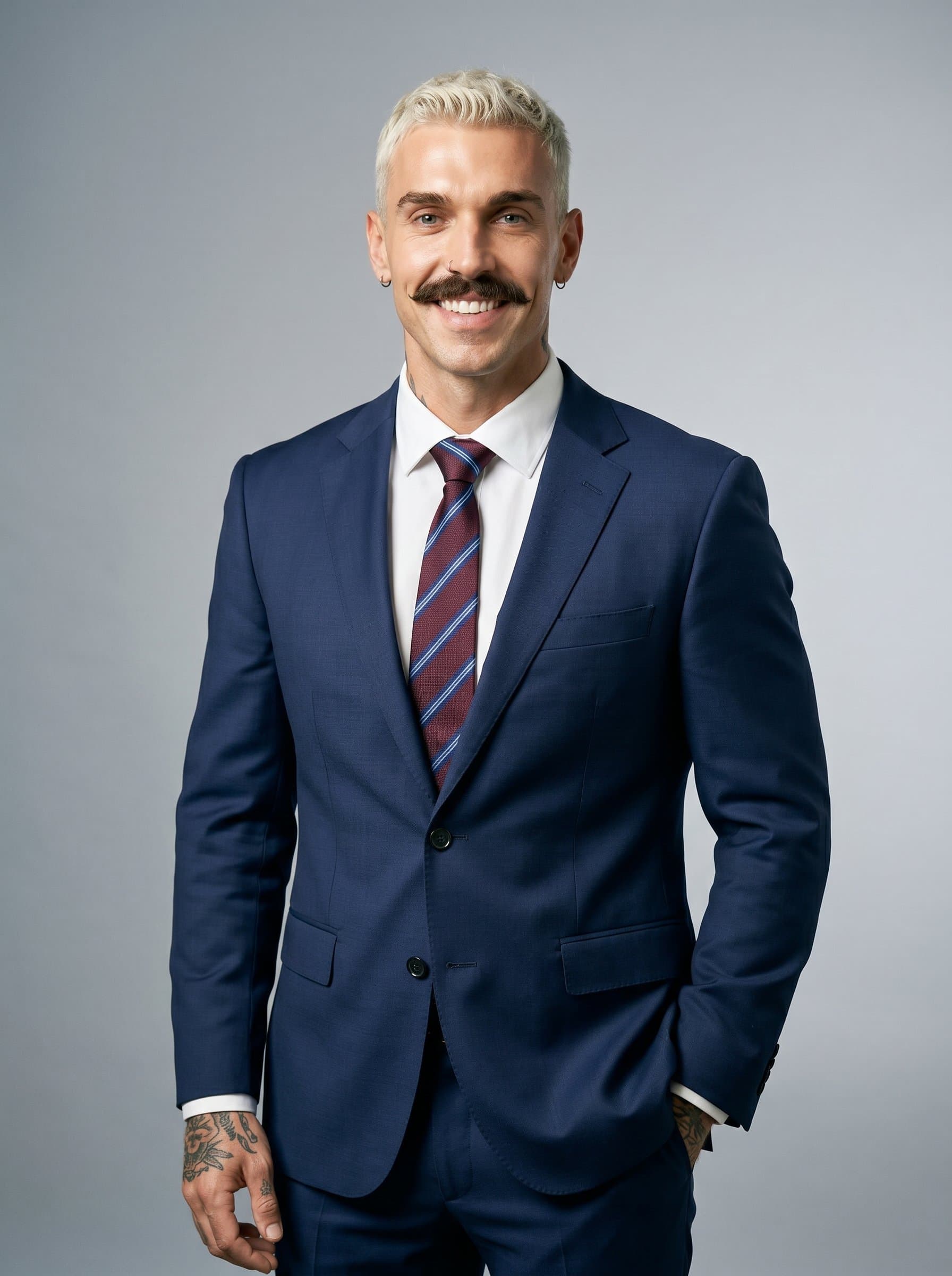 : A photorealistic image of a CPA with an easygoing expression, wearing business attire, and set against a neutral backdrop to reflect their dedication to precision and trustworthy service.