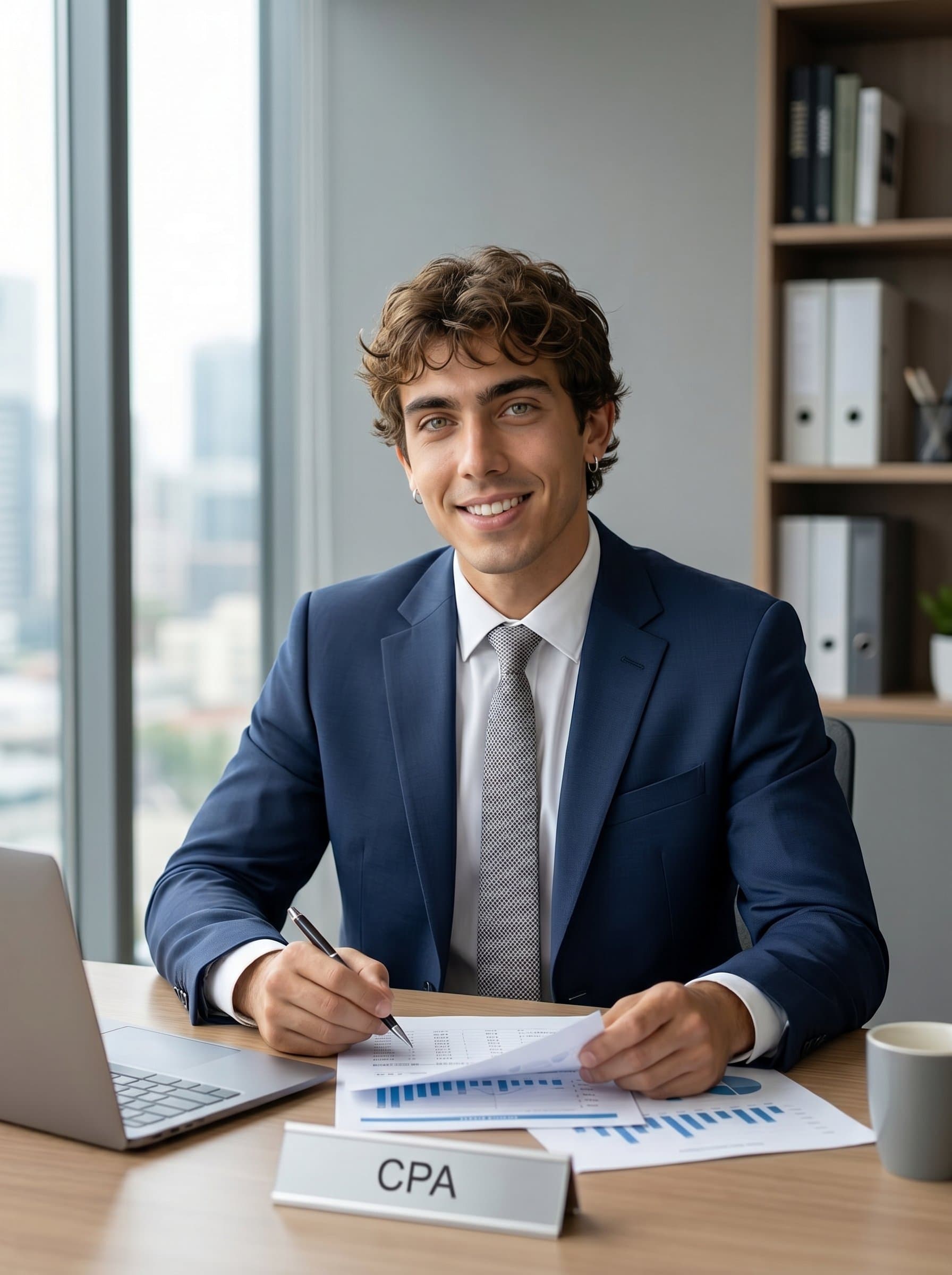: Capture a CPA in a modern office setting, wearing business attire. The balanced lighting highlights their expertise and trustworthiness, set against a simple, neutral backdrop for a clean, professional look.