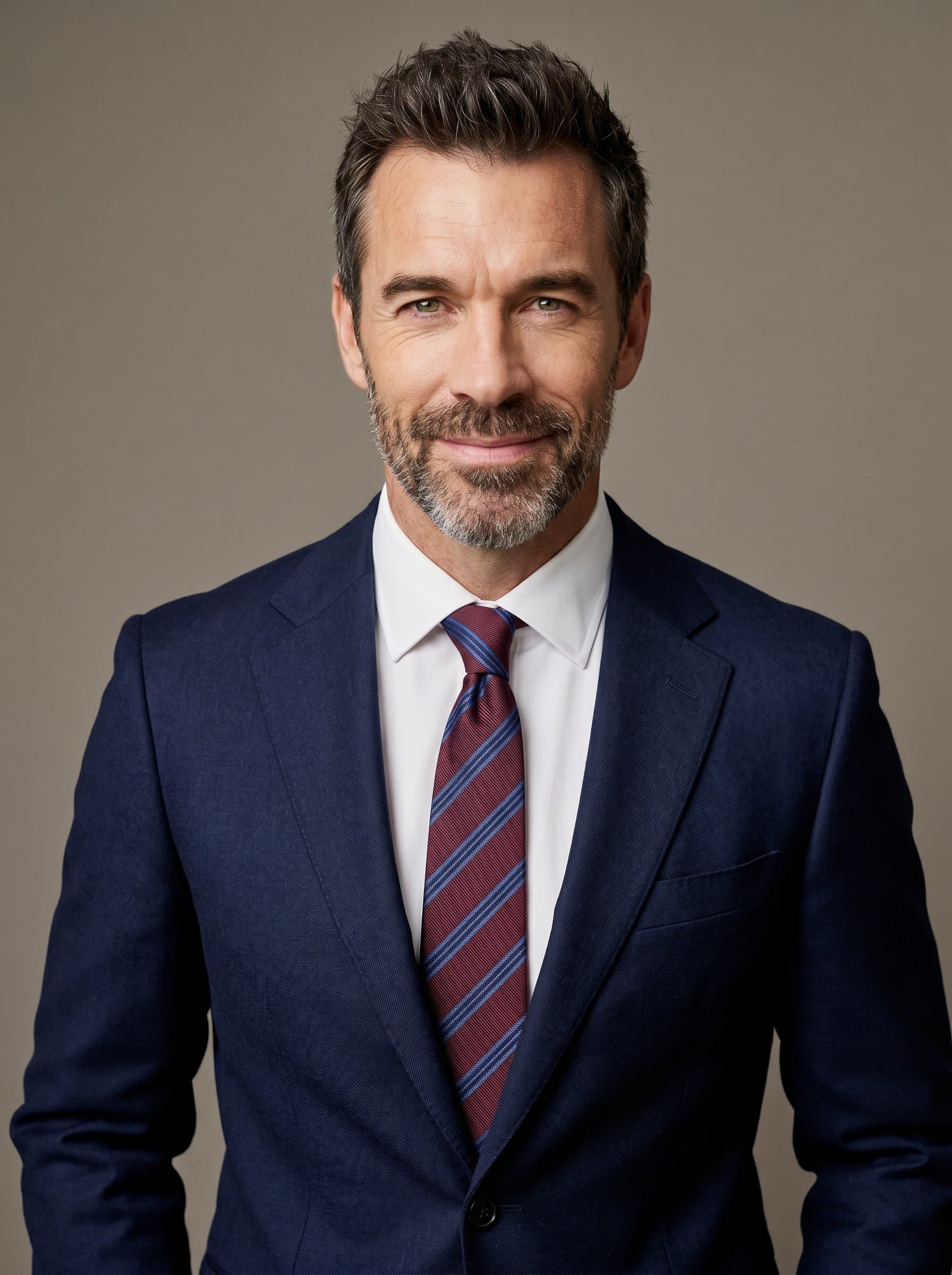 : A CPA headshot featuring a neutral backdrop, with the man in classic business wear. The lighting is soft, drawing attention to the CPA's approachable and reliable persona in a professional context.