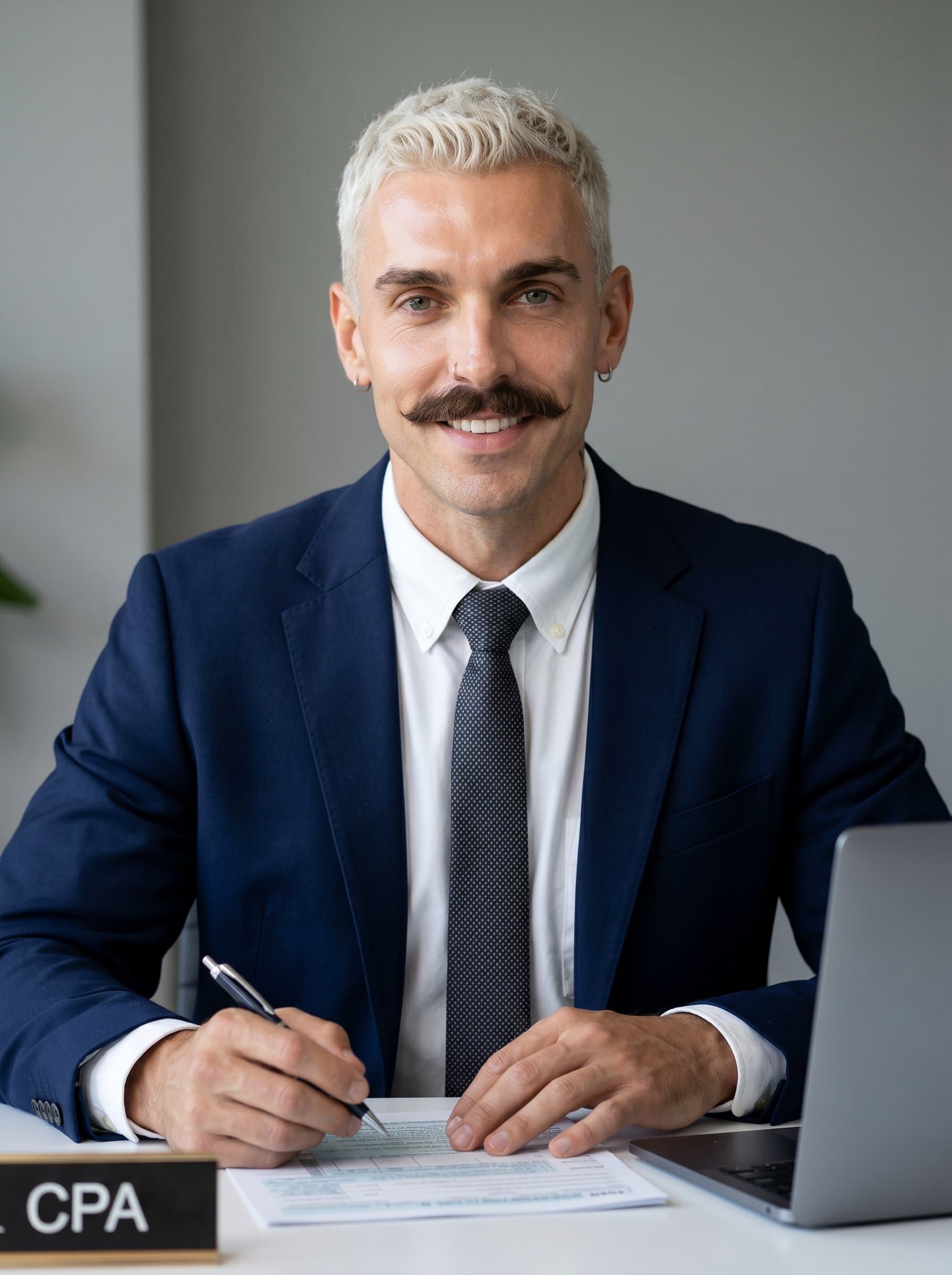 : A CPA is portrayed in a formal blouse and jacket, set against a neutral gray background. The lighting highlights their attention to accuracy and dependability, creating a sense of assurance and professionalism.