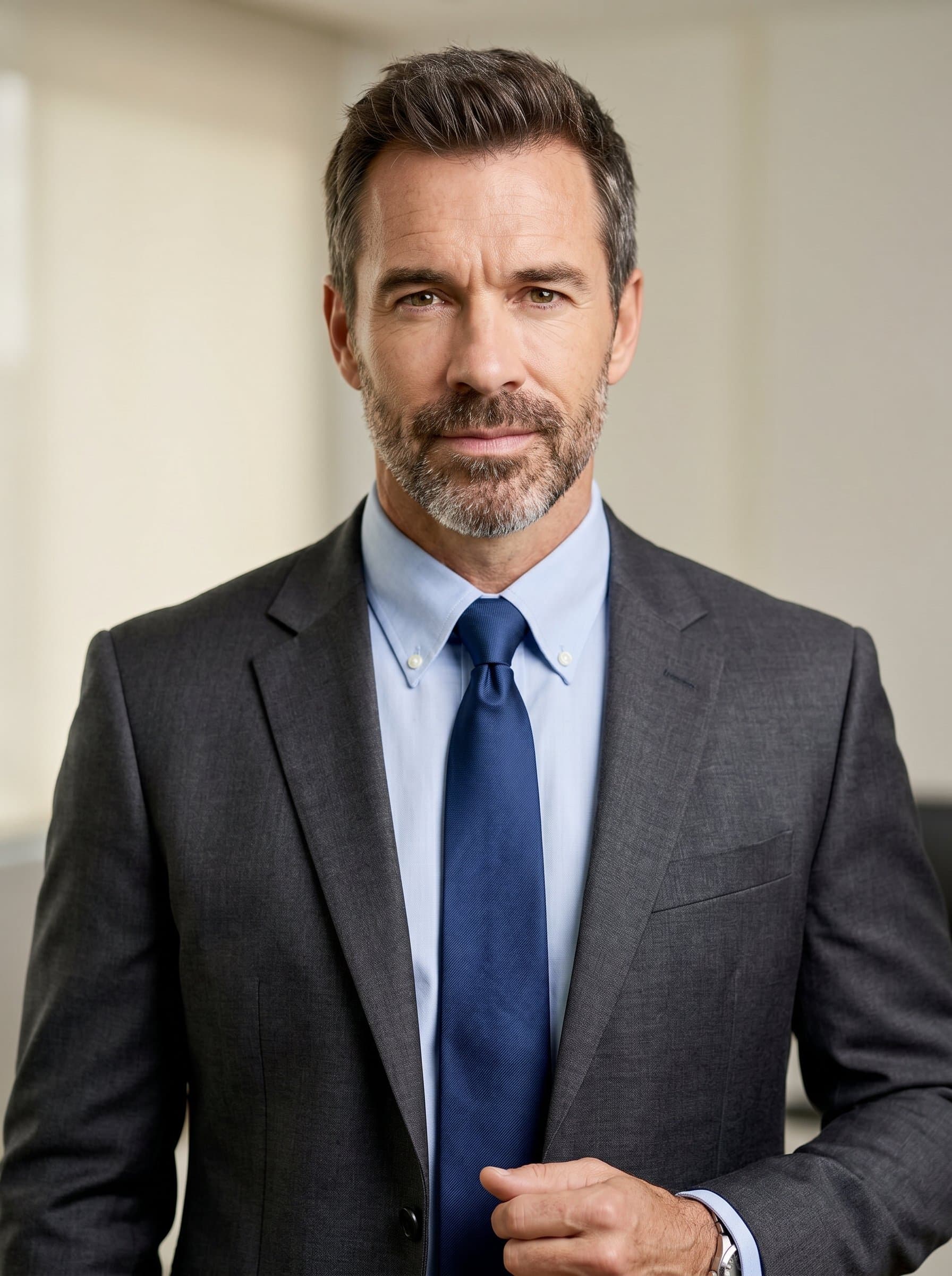 : A CPA headshot in a modern business outfit, standing against a softly lit, neutral background. The image captures their focus and reliability, traits that are crucial in the financial sector.