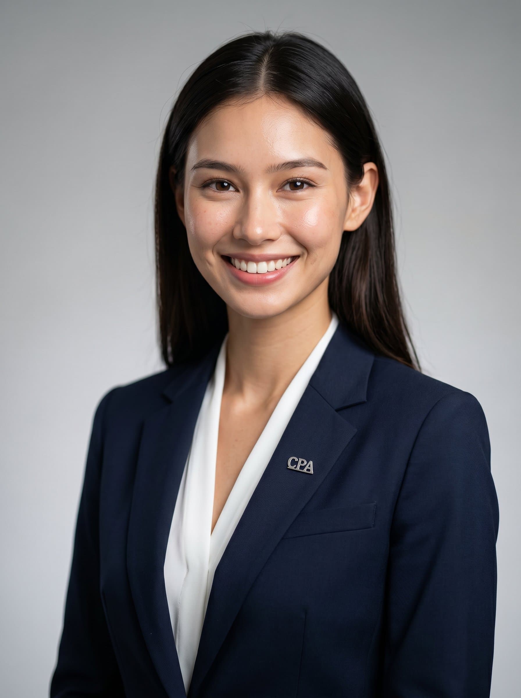 : A professional headshot of a CPA with a gentle smile, dressed in a classic business ensemble. The neutral backdrop emphasizes their commitment to excellence and client service, captured in a photorealistic style.