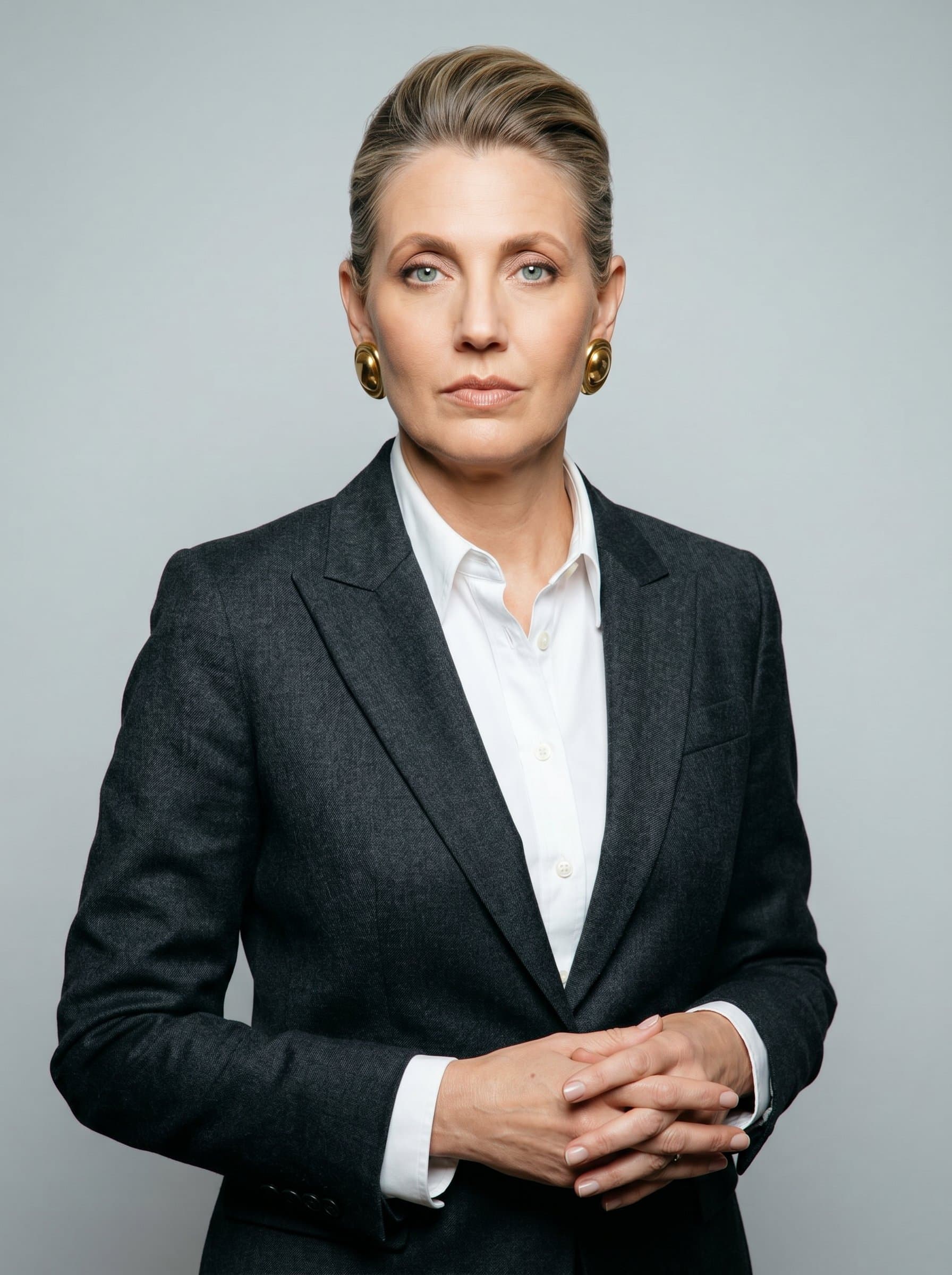 : A CPA headshot with a neutral background, where the woman wears a dark business suit. Their poised expression reflects the accuracy and precision expected from a financial expert, in a photorealistic style.