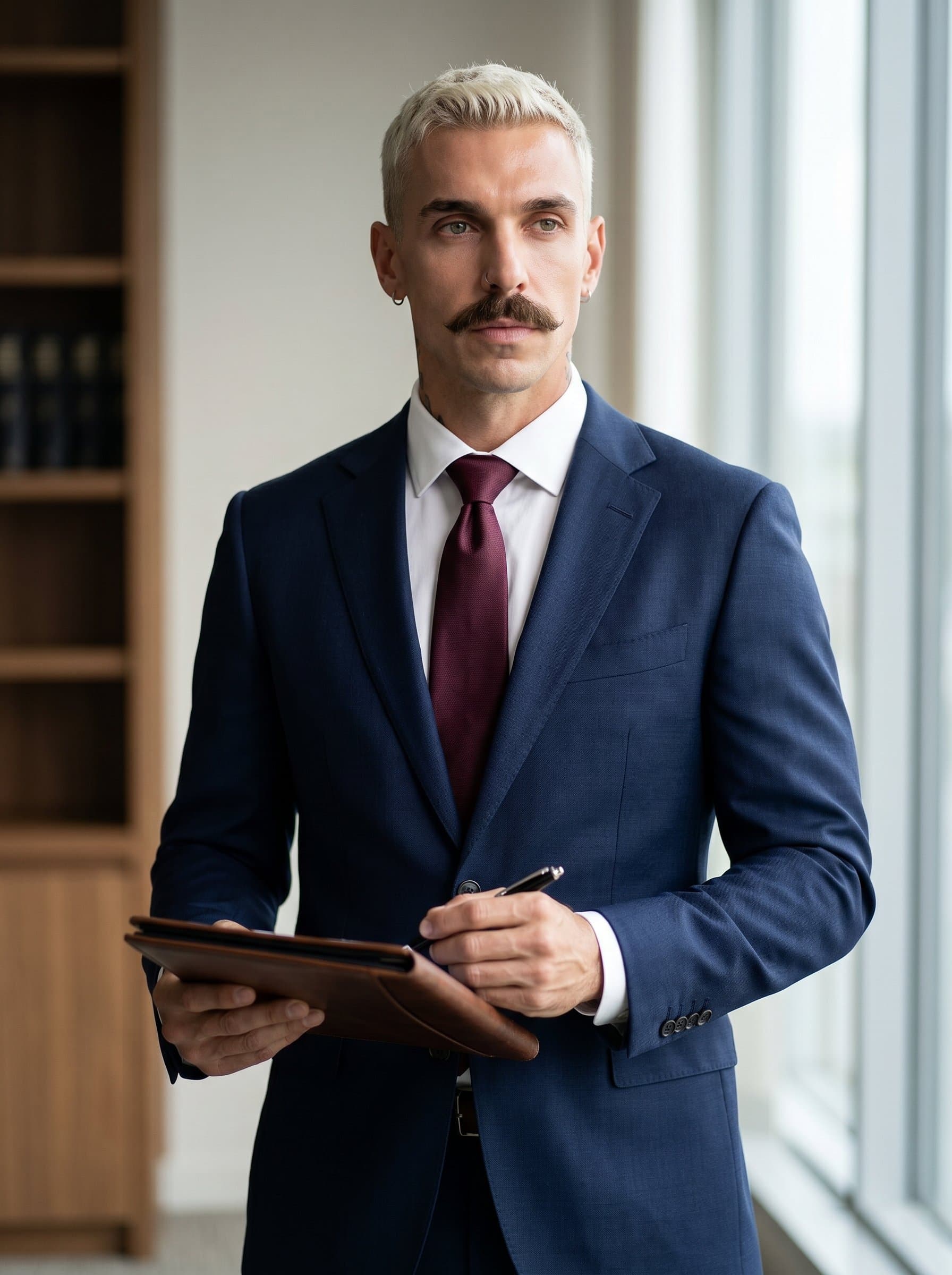 : Create a CPA portrait with a neutral background. The man wears a tailored suit, and the candid expression highlights their integrity and focus, indicative of their professional expertise.