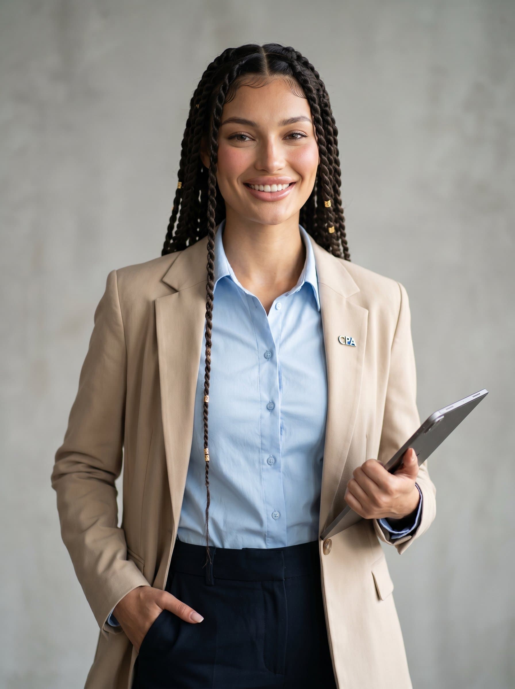 : Depict a CPA in a light-colored business shirt and jacket, standing confidently in front of a neutral background, captured in a style that emphasizes authenticity and professional acumen.