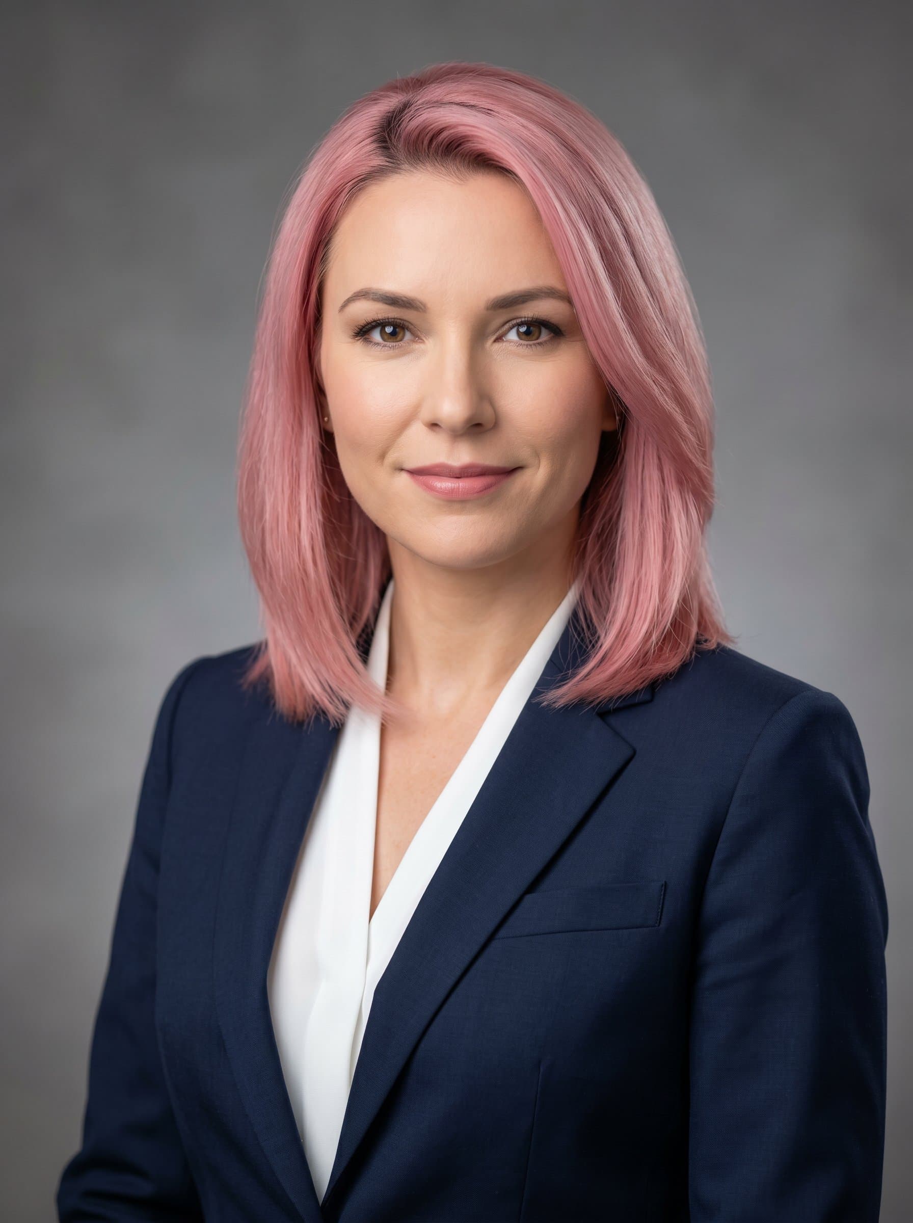 : Capture an AI-generated CPA headshot, featuring a polished appearance with a neutral background. The woman wears a dark suit, and the lighting underscores their competence and professionalism.