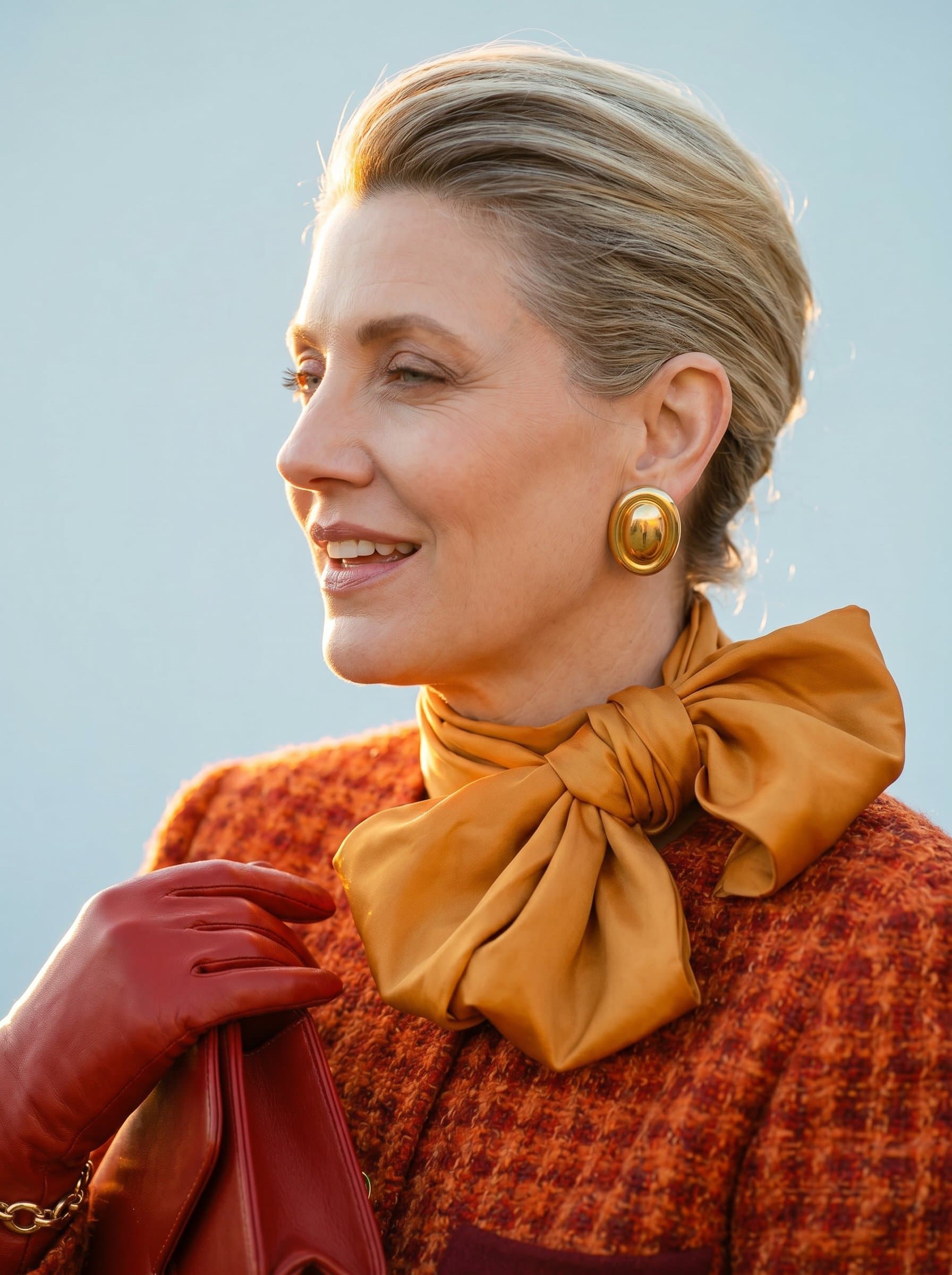: Highlight a playful expression with an artistic side profile shot, using the golden hour light for a warm glow, and a subtle pale blue background for contrast.