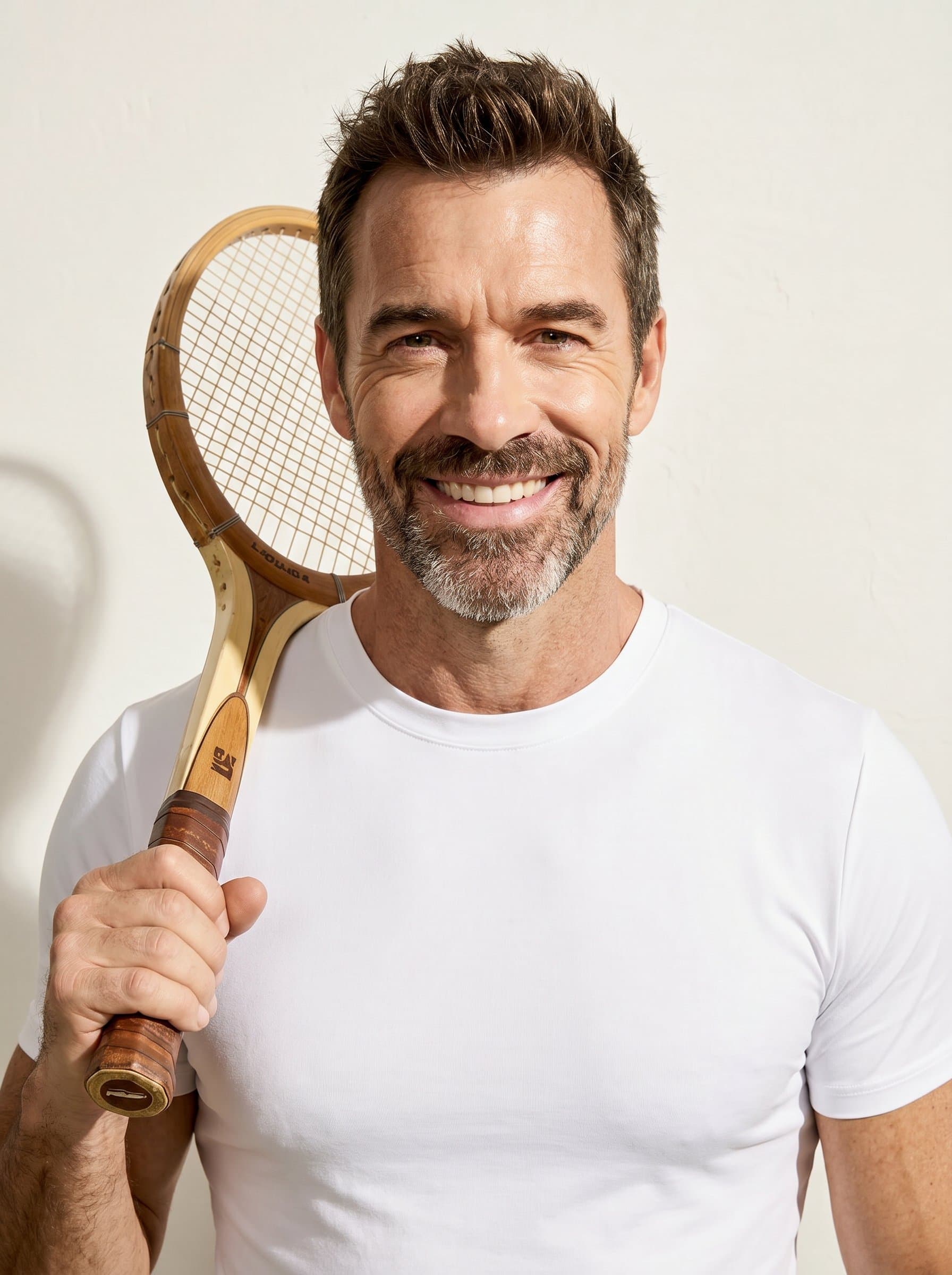 : Show a vibrant personality with a confident smile, using side lighting to accentuate cheekbones and jawline, against an off-white background for a crisp, professional look.