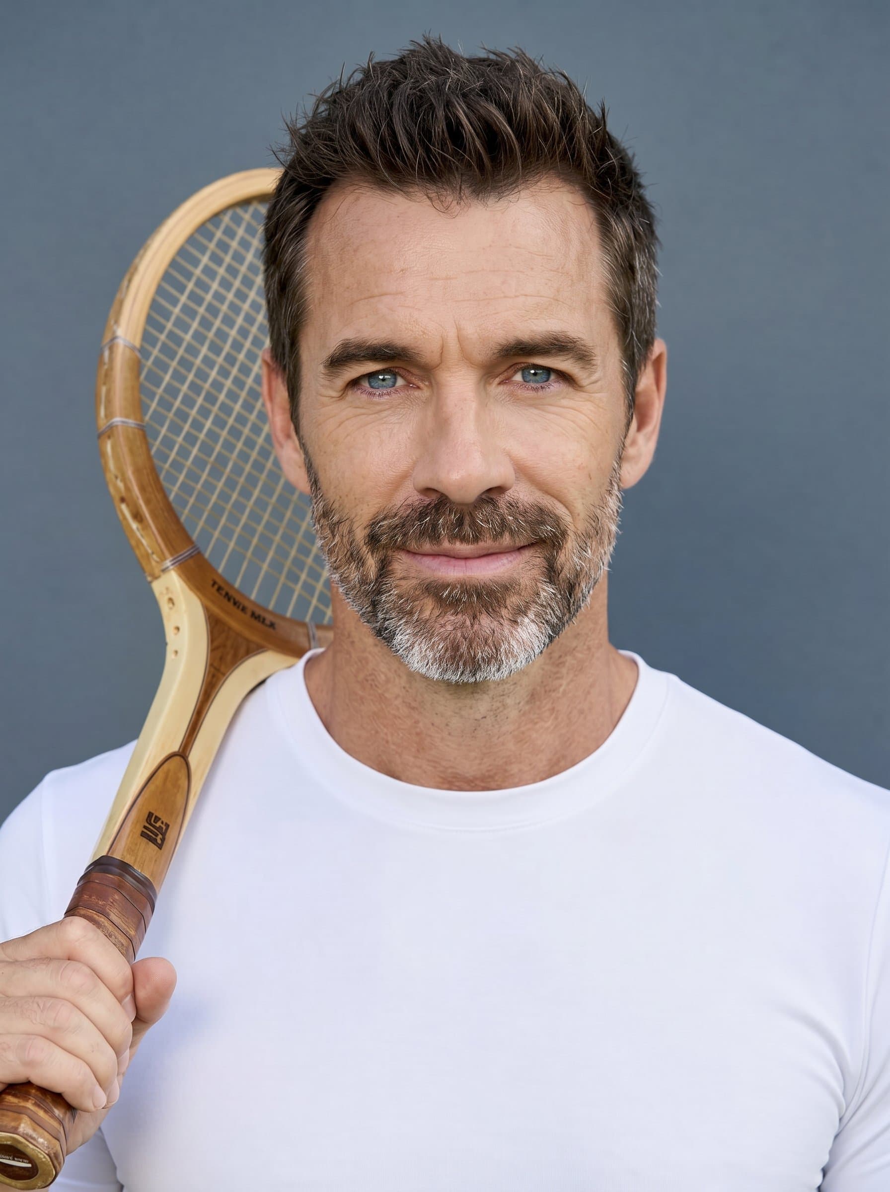 : Depict calm confidence with a frontal gaze, using diffused sunlight for even skin texture, against a slate gray background that brings out the model's eye color vividly.