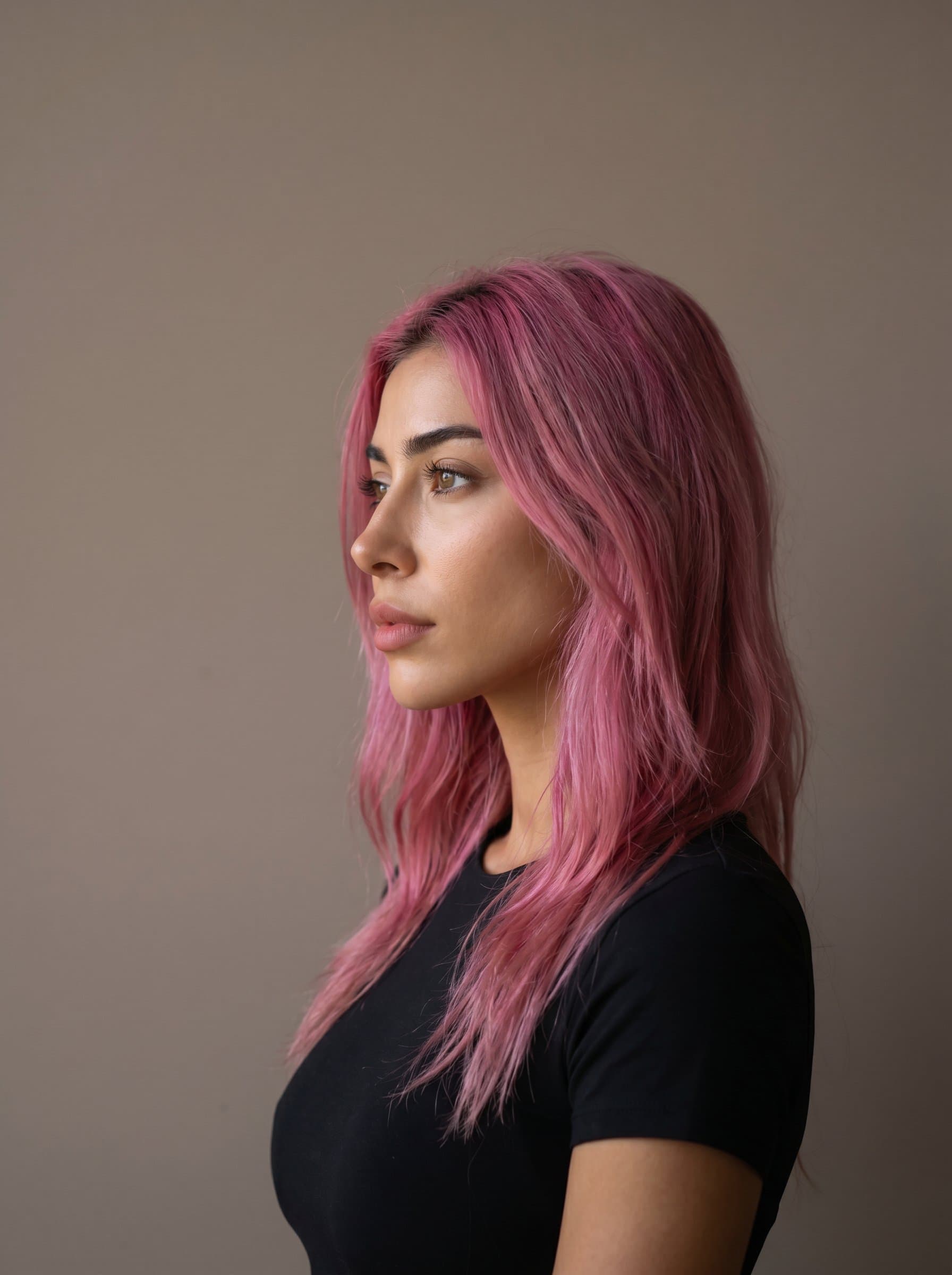: Showcase individuality with a contemplative look off-camera, capturing the model's profile in ambient lighting, with a simple taupe background for a clean and modern feel.