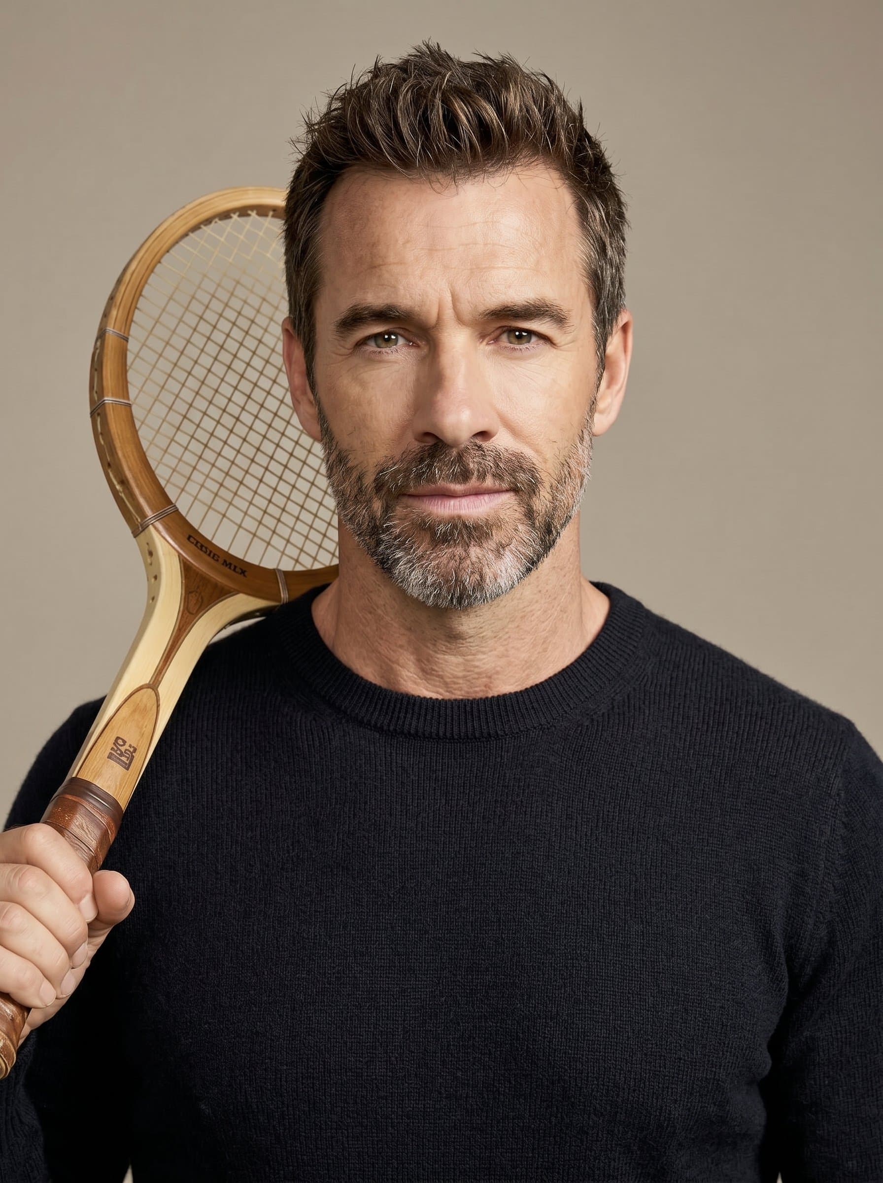: Portray timeless beauty with a classic headshot, emphasizing symmetry and balance in soft, natural light, set against a calm, neutral mushroom-colored background for a seamless finish.