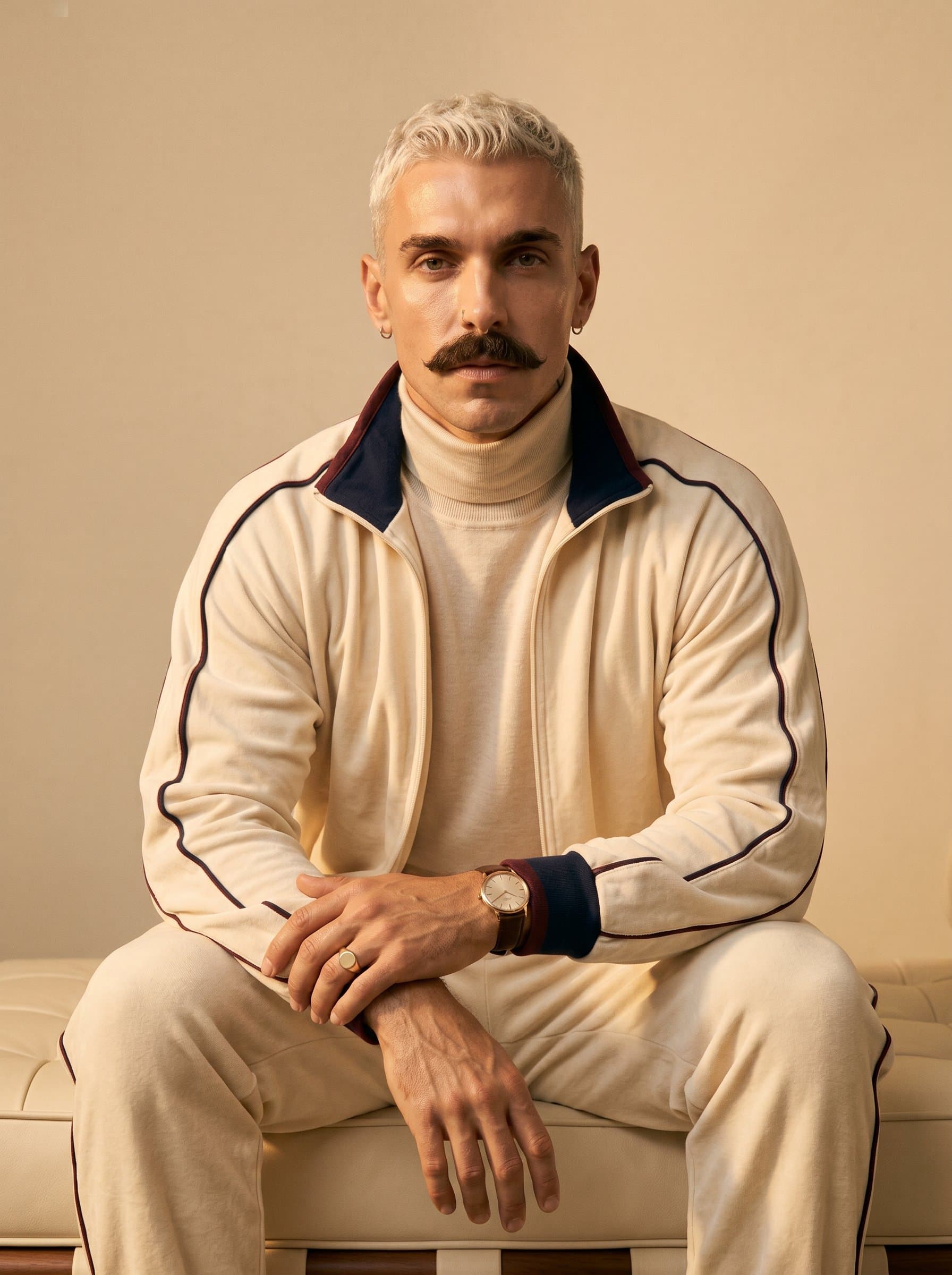 : Portray sophistication with a neutral expression, using warm lighting to enhance skin tone and texture, set against a cream-colored background that blends seamlessly with the model's attire.