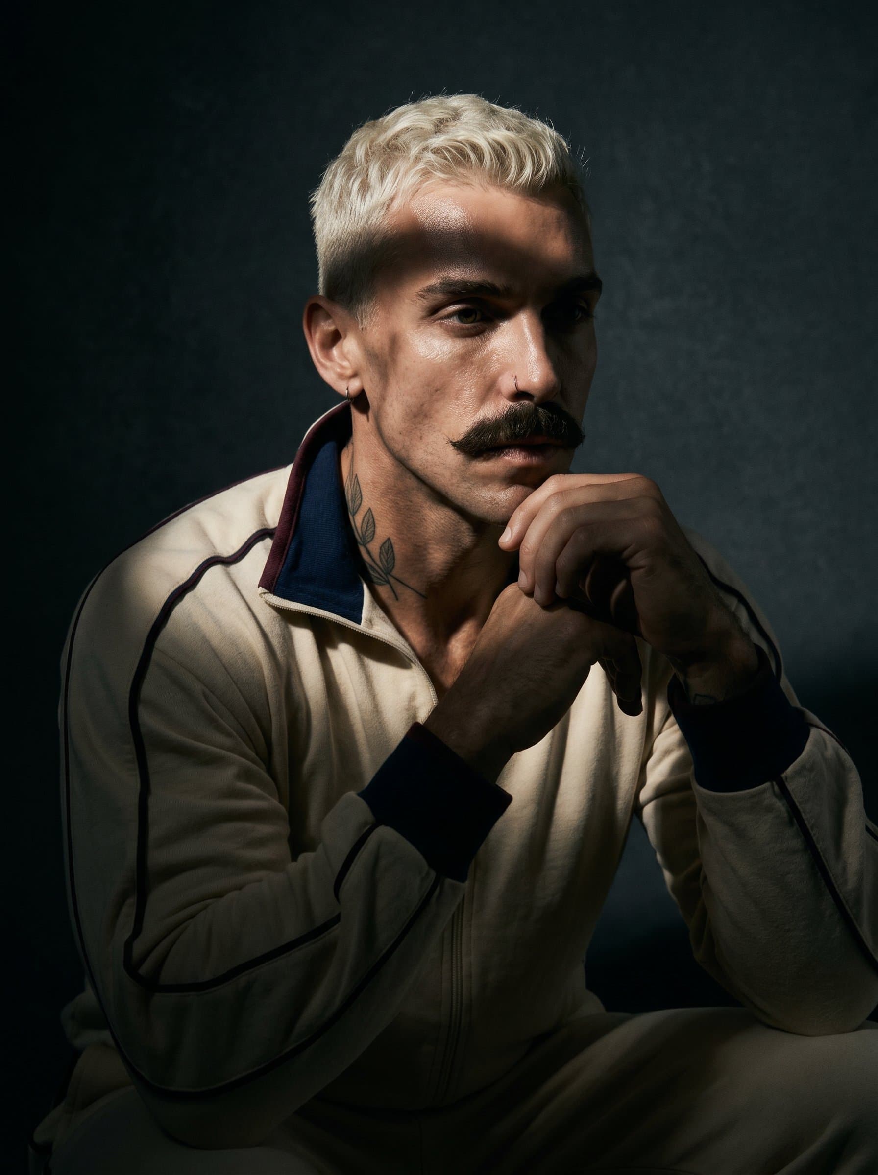 : Convey mystery and depth through a thoughtful expression, with shadow play across the face, using a deep charcoal background for an enigmatic and striking visual.