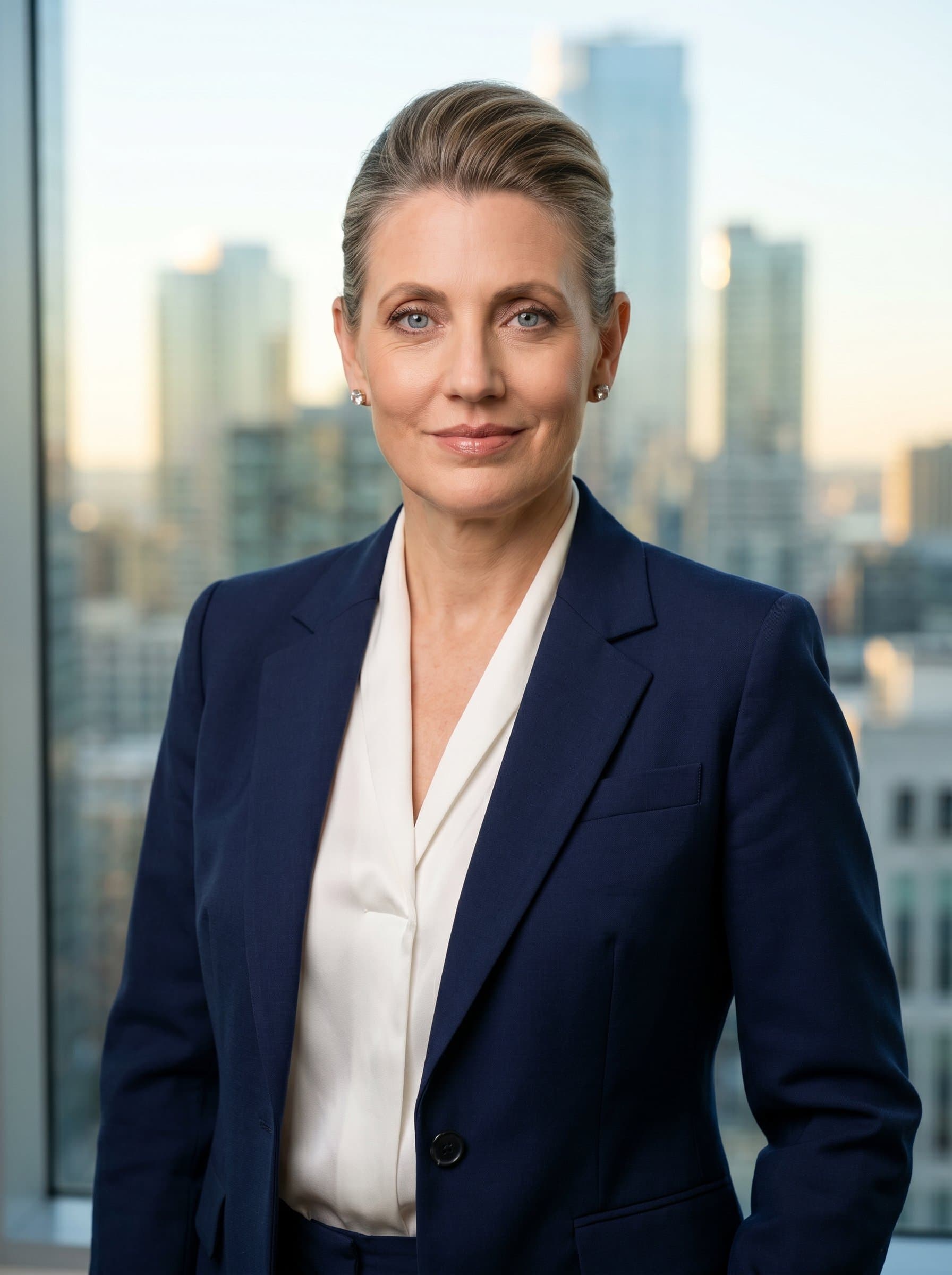 : Capture a photorealistic headshot of a CEO in a tailored suit, standing against a backdrop of a modern city skyline. The image should convey confidence and leadership, with soft natural lighting enhancing their features.