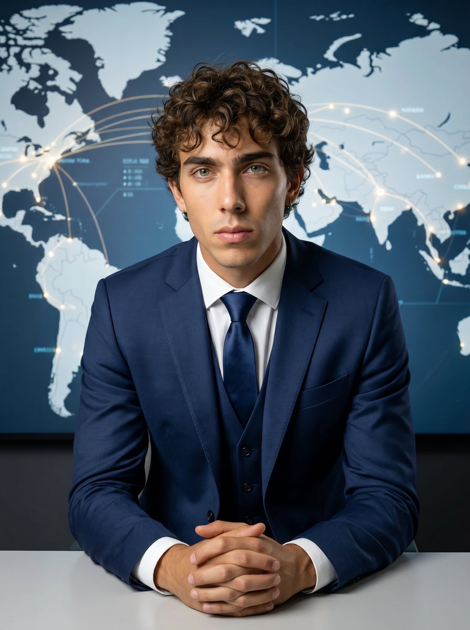 : Frame a CEO in business attire, situated in front of a global map feature wall. The background should suggest global awareness and connectivity, with focused lighting highlighting their decisive nature.