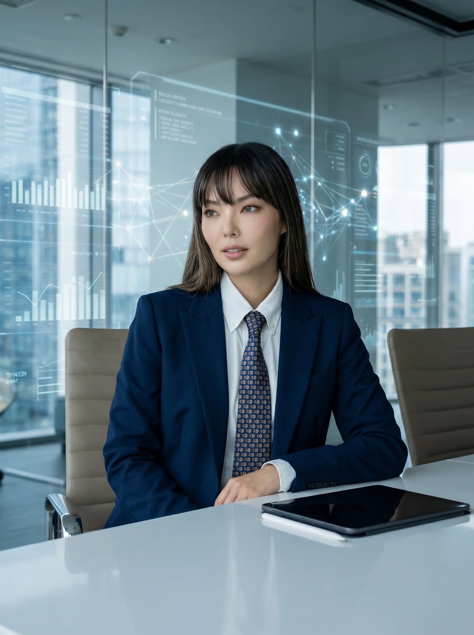 : Illustrate a CEO in formal business attire, placed in a high-tech conference room setting. The background should subtly integrate modern digital elements, suggesting a blend of tradition and innovation.