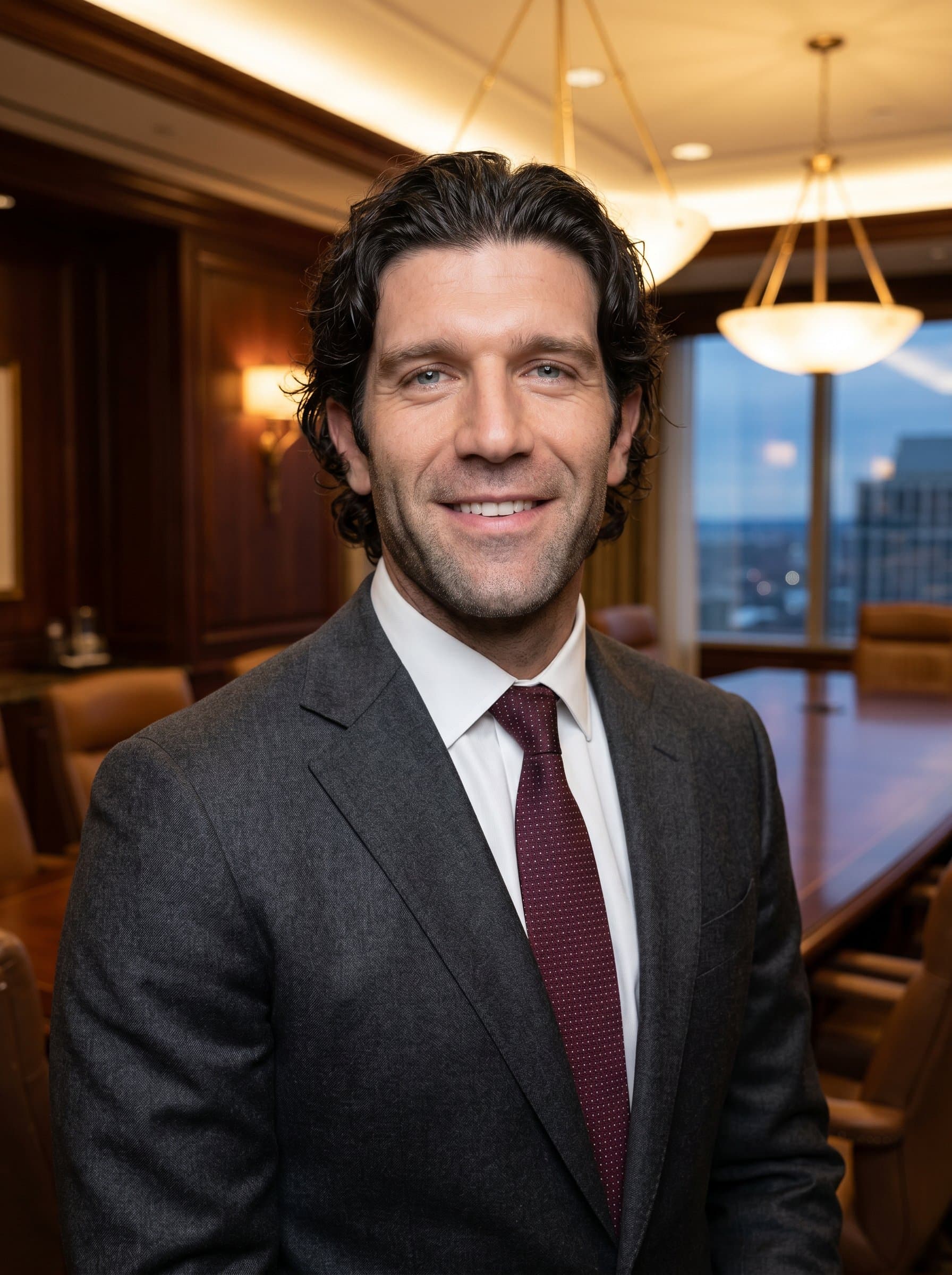 : Generate a professional headshot of a CEO wearing a classic suit, positioned in front of a luxurious boardroom. The surrounding should evoke elegance and sophistication, with warm lighting creating a welcoming aura.