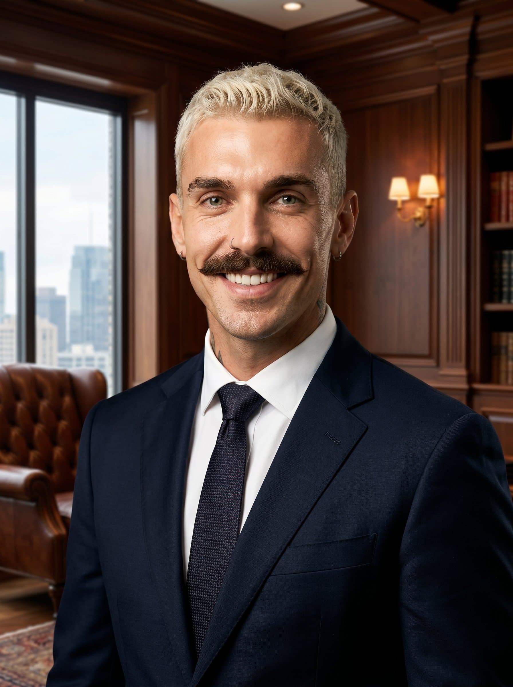 : Generate an AI headshot of a CEO in a formal shirt and tie, with an elegant wood-panelled office as the backdrop. The atmosphere should convey trustworthiness and professional acumen, with strategic lighting accents.