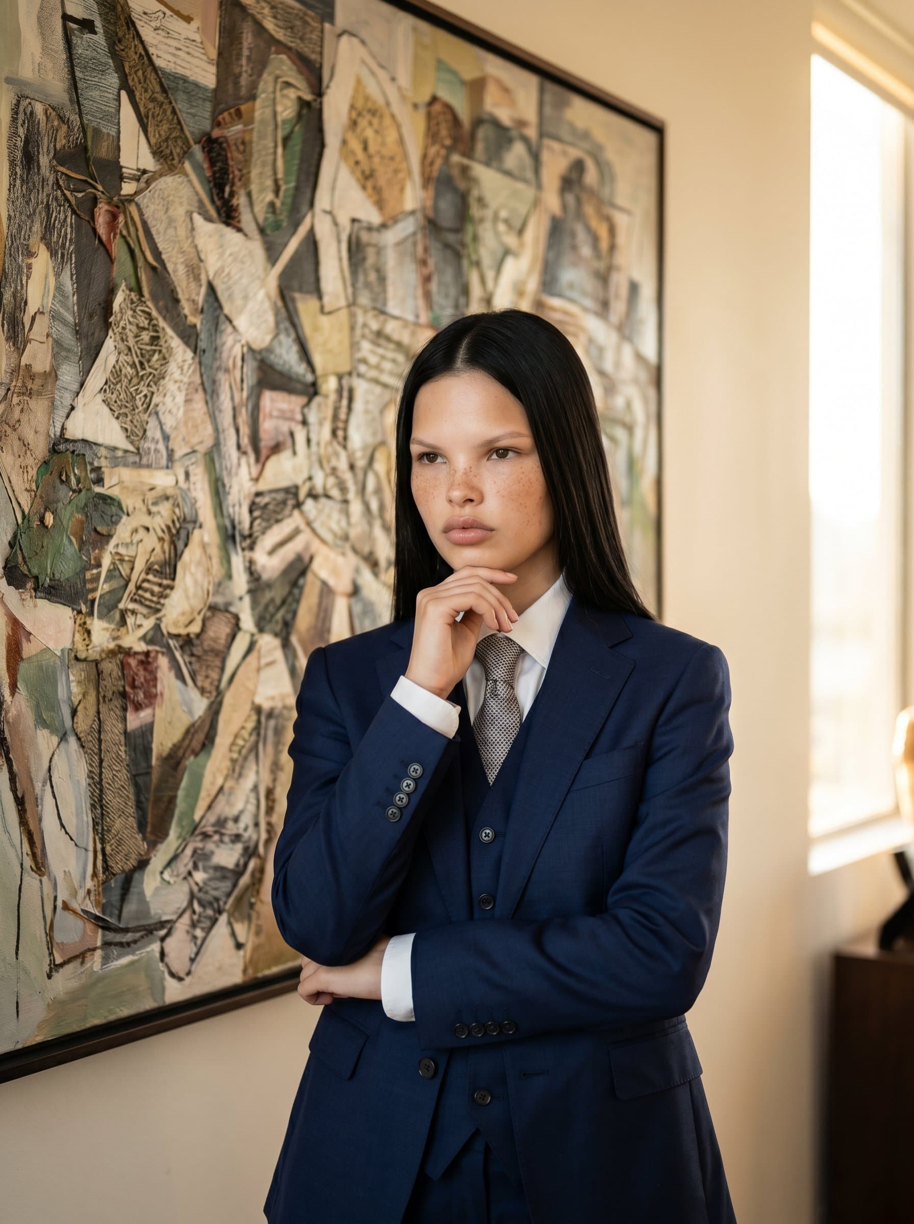 : Visualize a CEO in a distinguished suit, positioned in front of an artful abstract painting. This photo should reflect cultural appreciation and strategic depth, using soft lighting to enhance their thoughtful demeanor.
