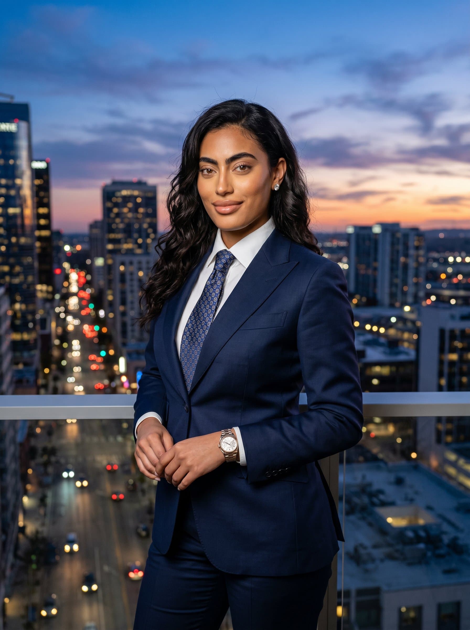 : Depict a CEO dressed in an impeccably tailored suit, set against a background of a vibrant cityscape at dusk. This photo should capture a balance of authority and approachability, with natural evening light enhancing the scene.