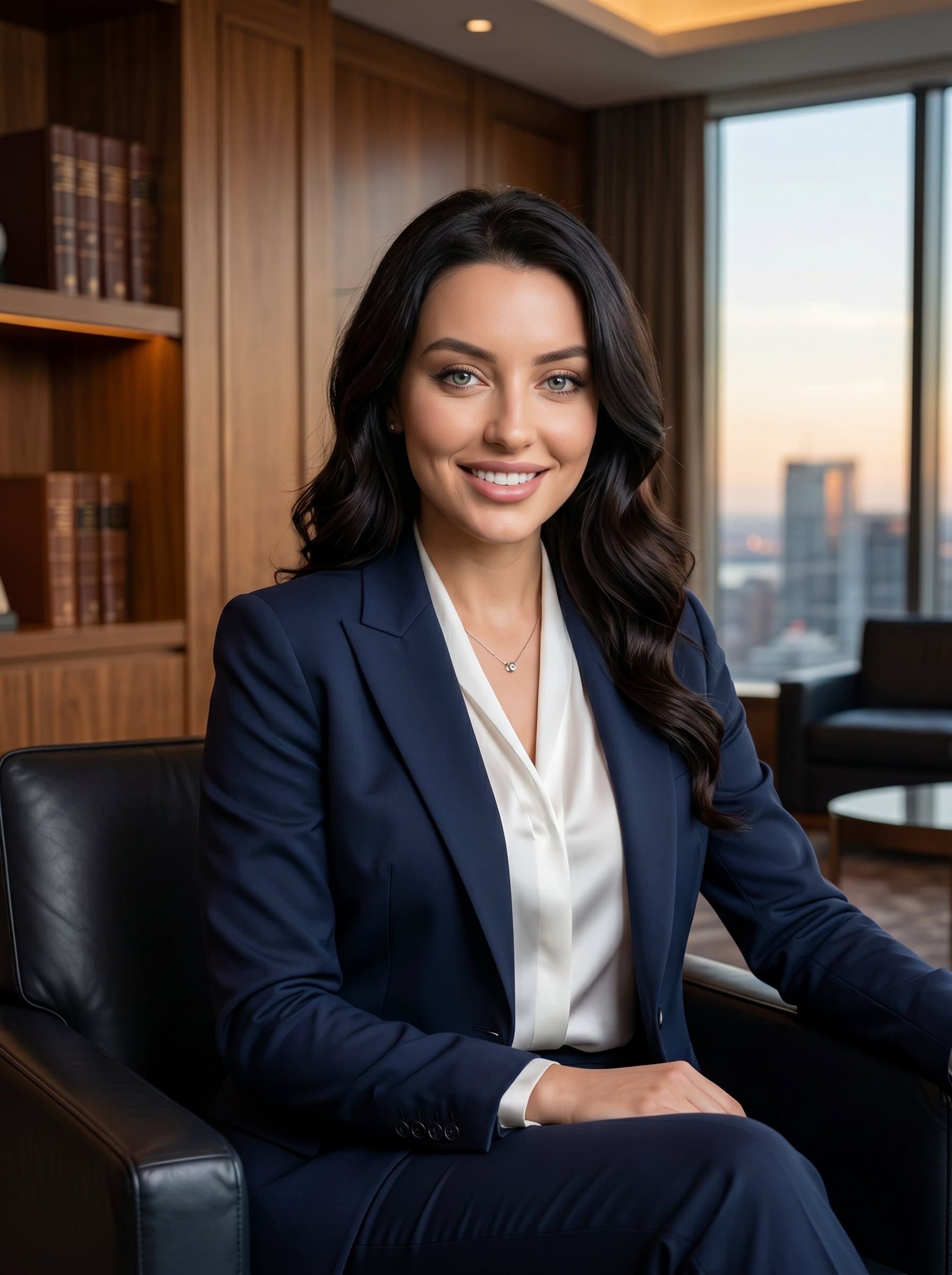 : Capture a headshot of a CEO wearing a tailored business outfit, seated in a tastefully designed executive lounge. The background should convey luxury and comfort, enhancing their approachable yet authoritative presence.