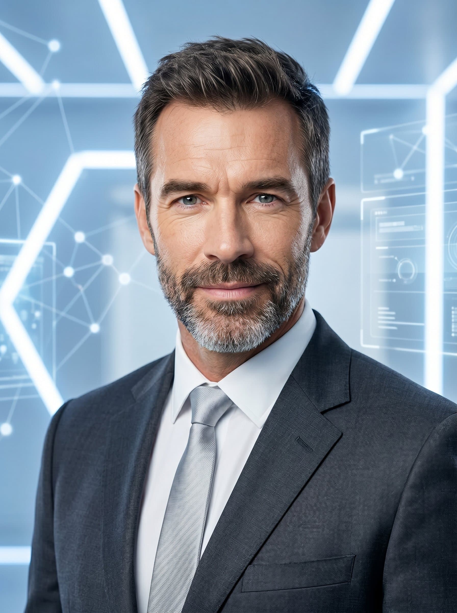 : Design an AI headshot of a CEO in formal attire, with a subtle tech-inspired background. The setting should evoke innovation and precision, complemented by bright, even lighting to emphasize clarity of vision.