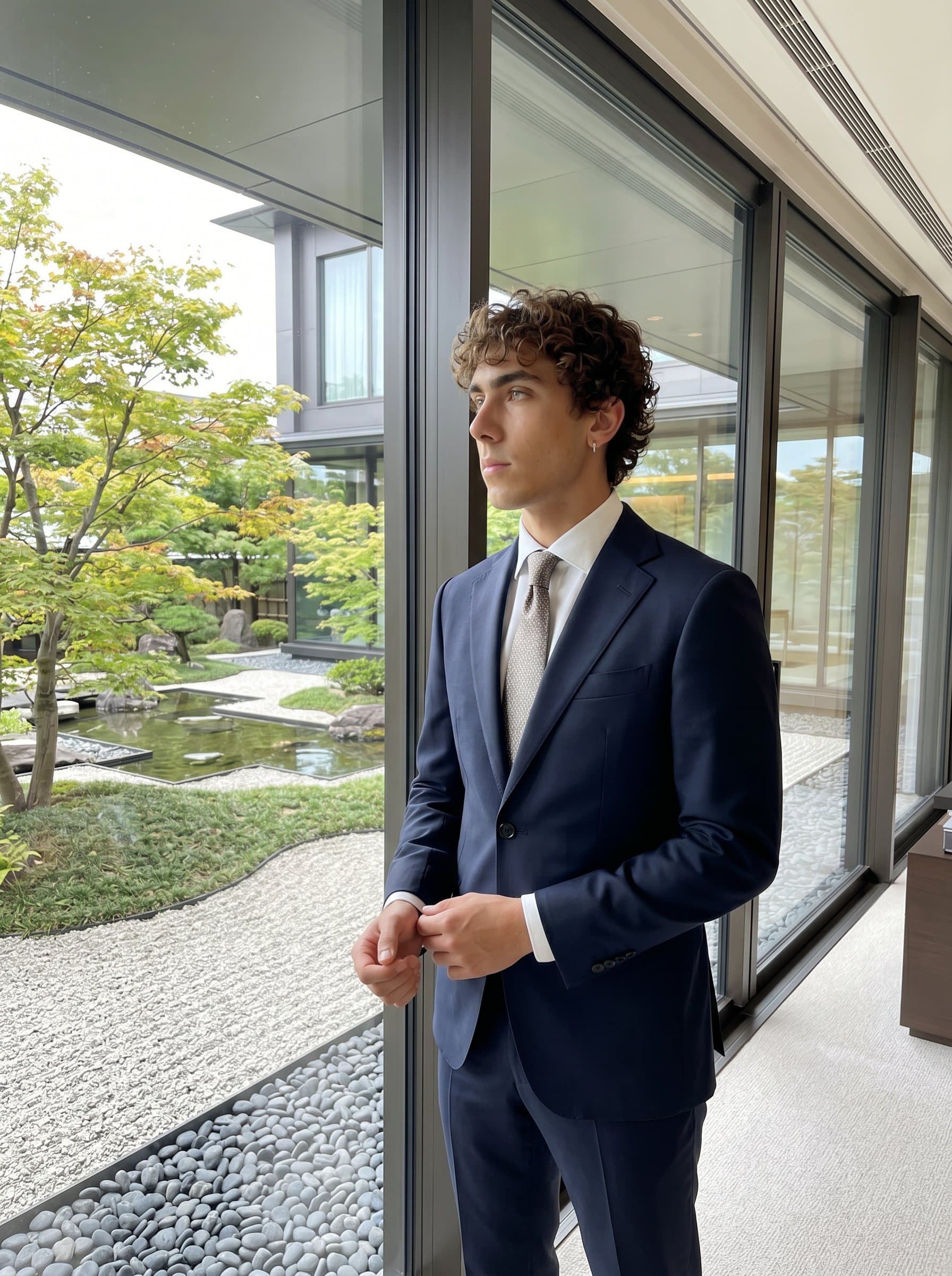 : Illustrate a CEO in business wear, posed with an expansive view of an elegant garden through a glass window. The serene environment should reflect calm leadership and thoughtful decision-making.