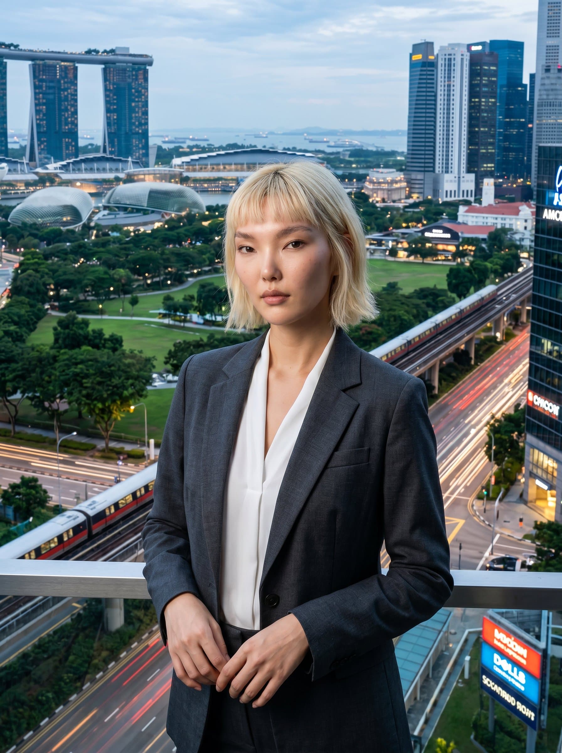: Create a photorealistic portrait of a CEO in formal attire against a panoramic view of a tech hub. The setting should reflect dynamic progressiveness, capturing a sense of ambition and future-oriented vision.
