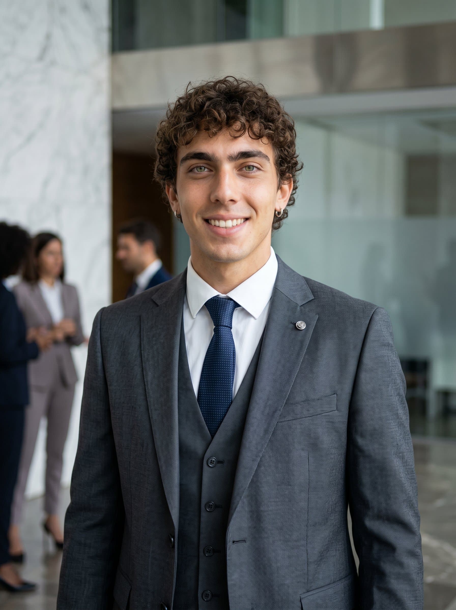 : Create a headshot of a CEO in business attire, against a backdrop featuring muted tones of a corporate lobby. The setting should convey stability and assurance, with lighting that emphasizes their confident presence.