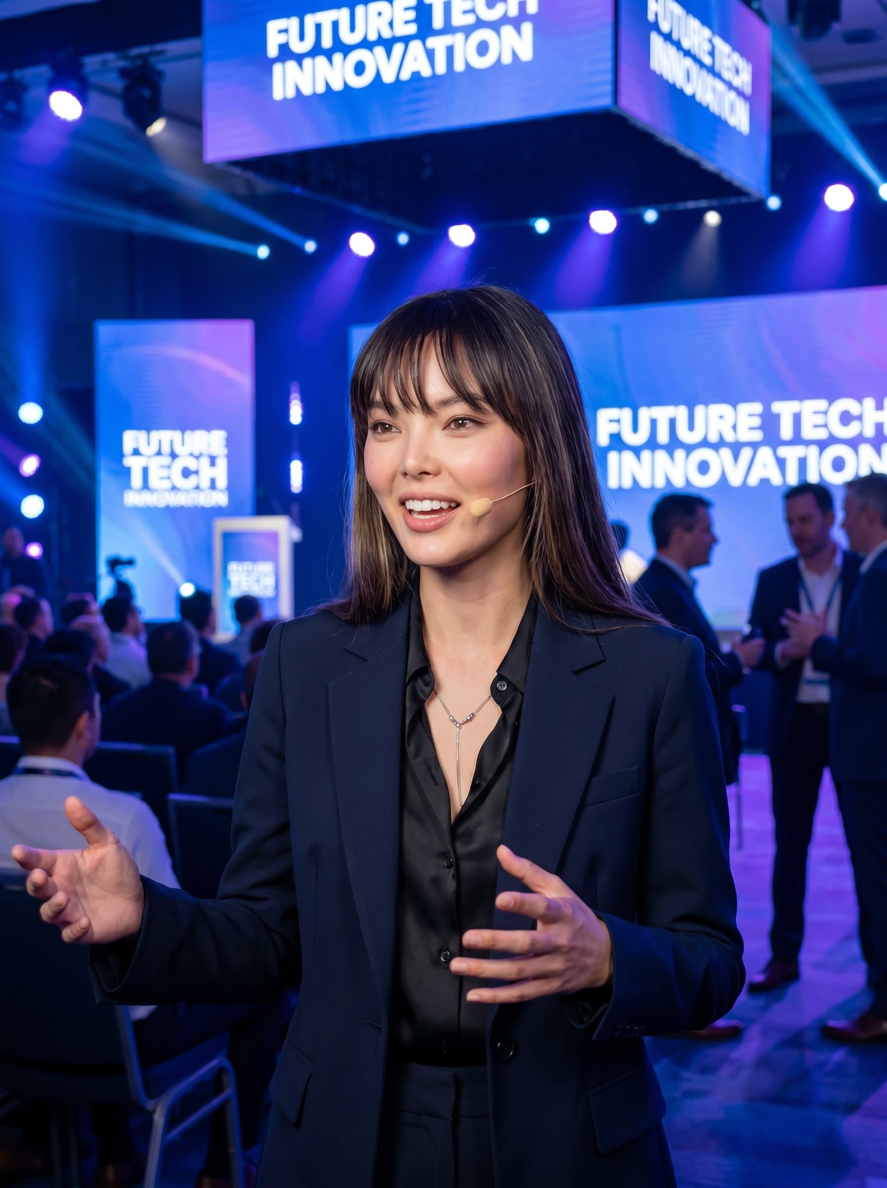: Frame a CEO in stylish business attire, with a vibrant tech conference as the background. The image should suggest dynamic engagement and forward-thinking leadership, with energetic lighting to enhance the scene.