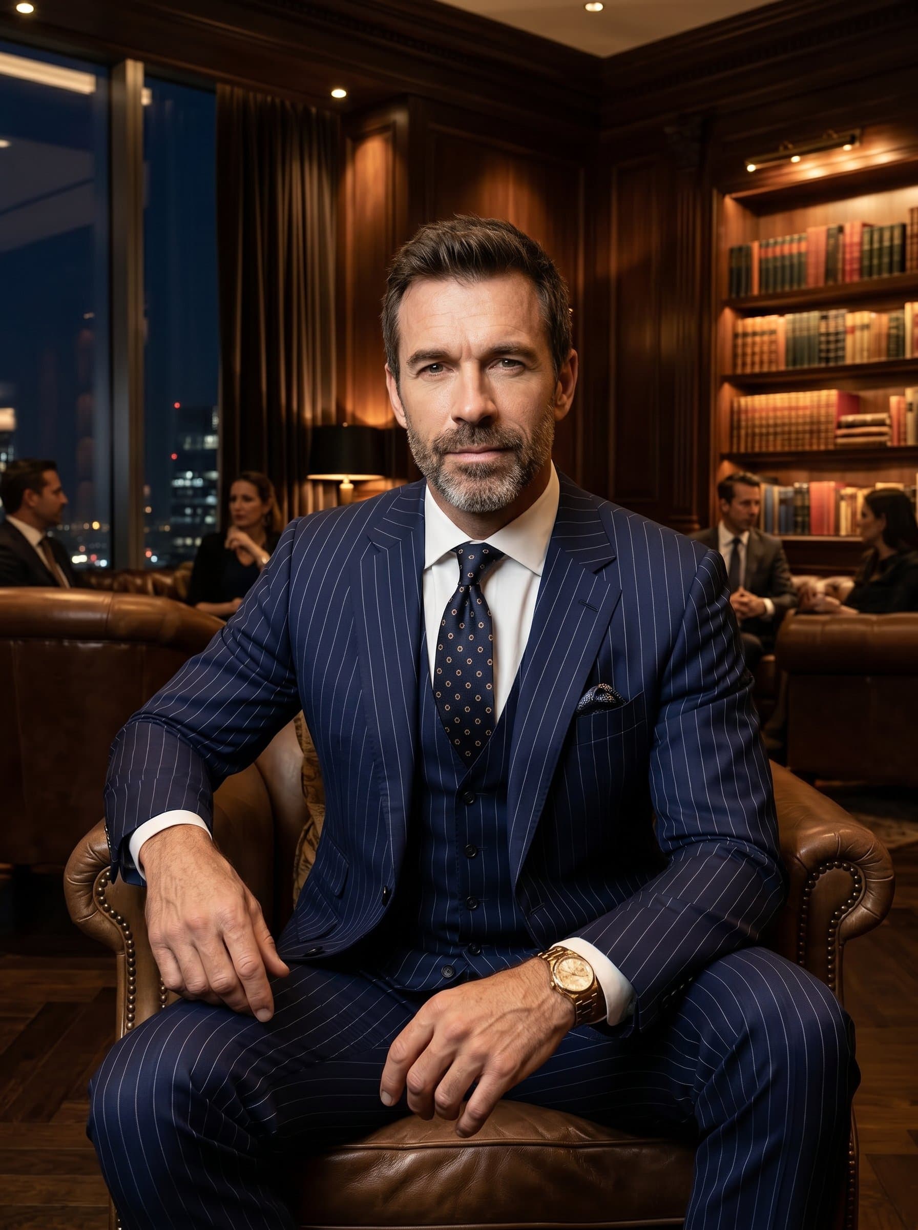 : Illustrate a CEO in sophisticated business attire, set in an elegant lounge with ambient lighting. The background should exude a sense of exclusivity and finesse, reinforcing their poised and decisive leadership.