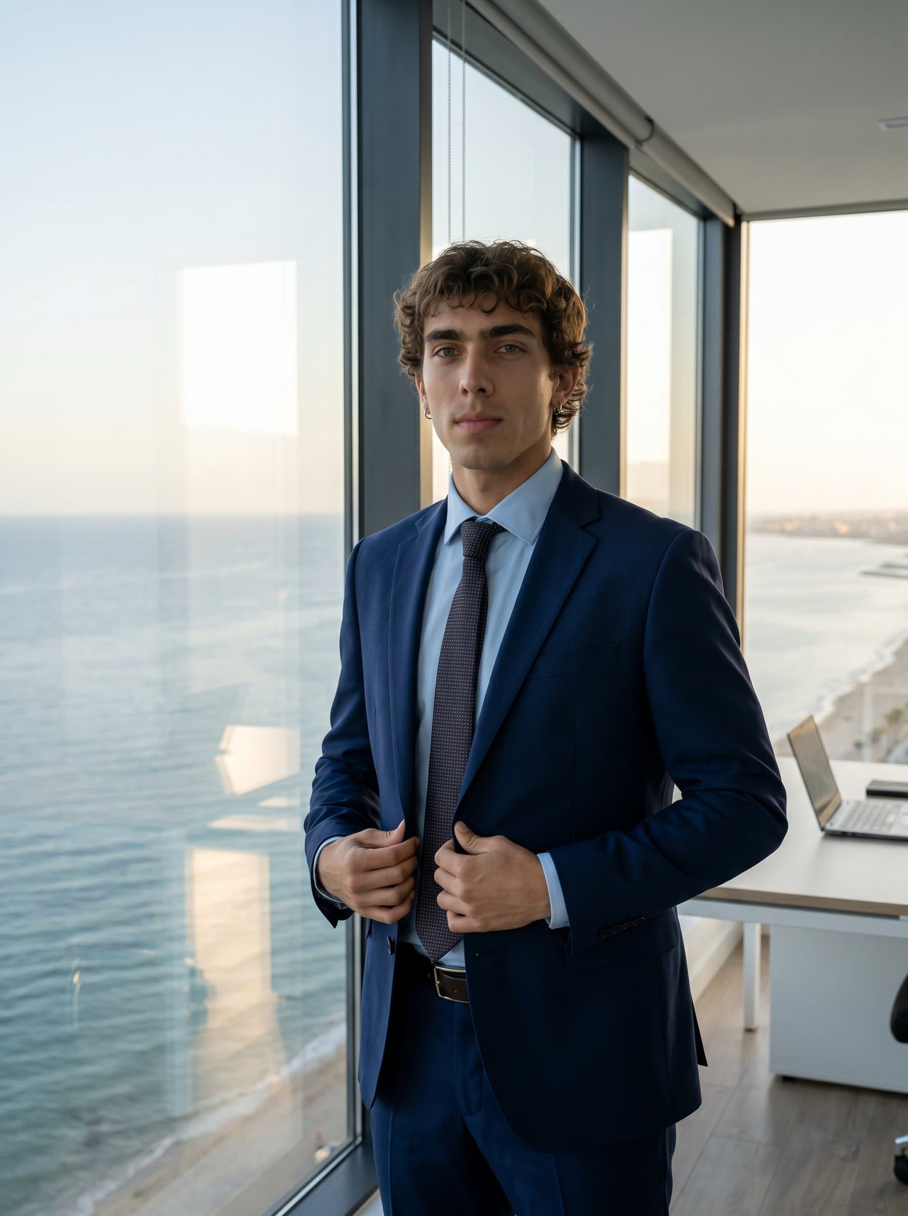 : Depict a CEO in formal clothing, placed in front of a large window overlooking the ocean. The natural setting should evoke tranquility and a broad outlook, with soft lighting reflecting serenity and insight.