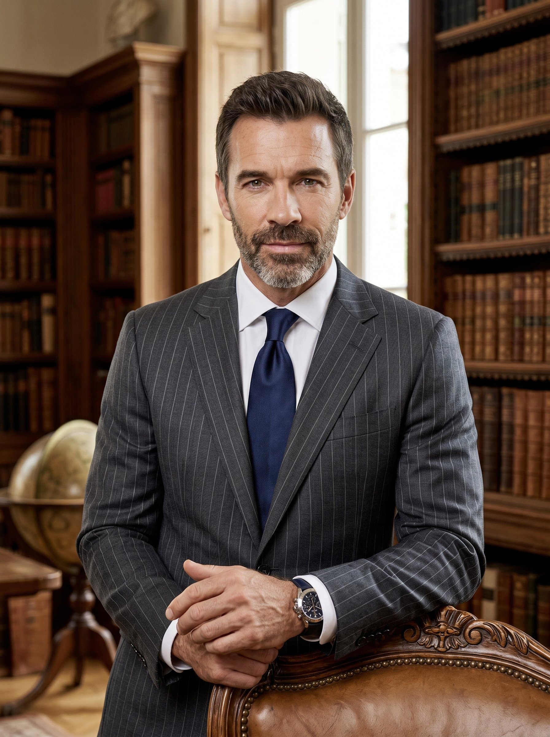: Develop a headshot of a CEO clad in a sleek pinstripe suit, with a grand library backdrop. The image should exude wisdom and integrity, using soft diffused lighting to highlight their leadership qualities.