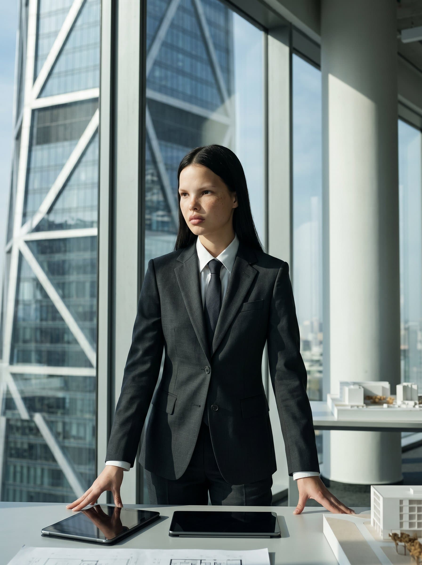 : Portray a CEO in a sharply cut suit, with a modern architectural masterpiece in the background. The atmosphere should convey creativity and strategic thinking, using clean lines and subtle shadows in the lighting.