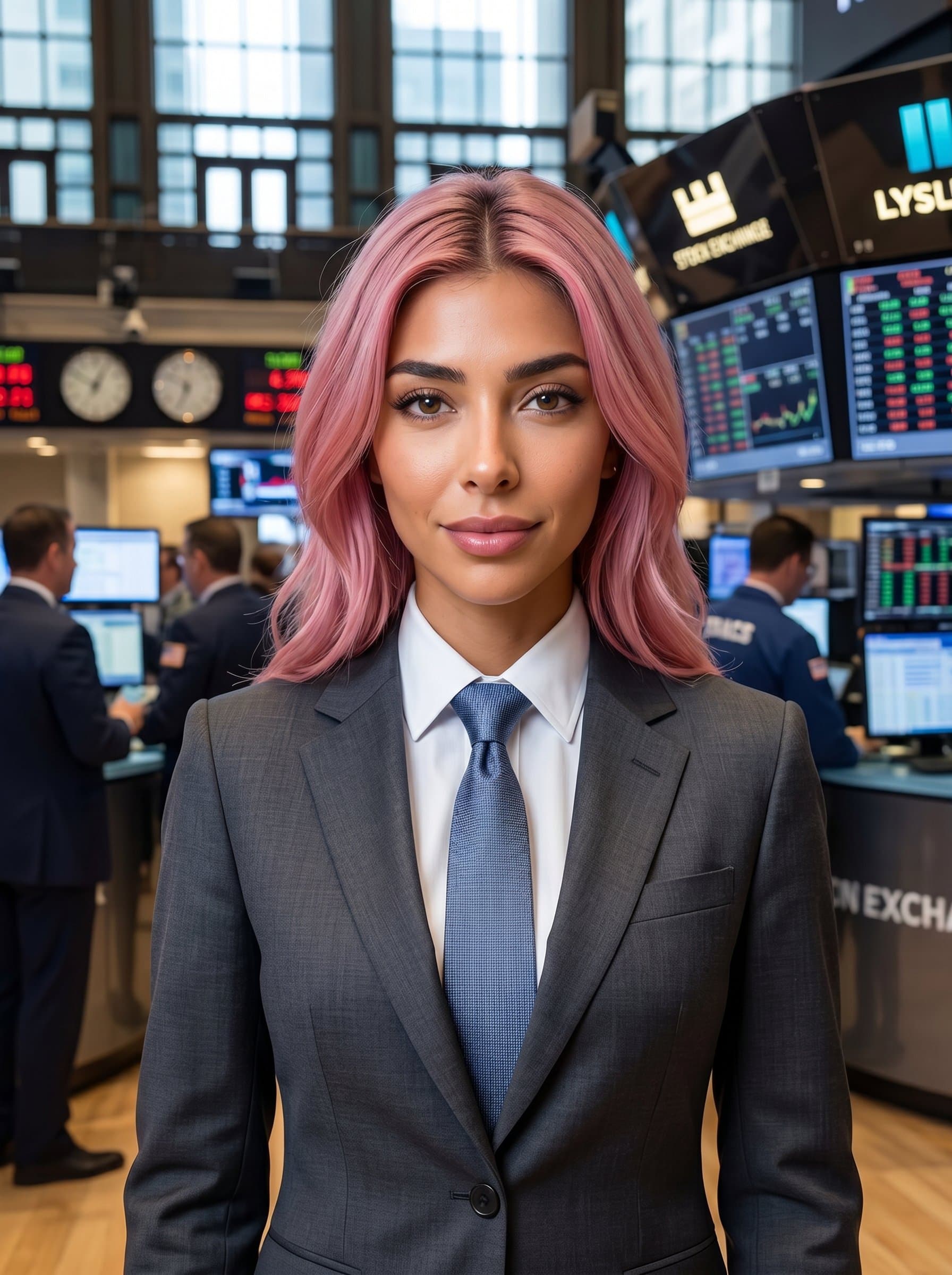 : Design a CEO headshot featuring a formal outfit, set against a backdrop of a bustling stock exchange. This photo should reflect authority and expertise, with balanced lighting illuminating their facial expressions.