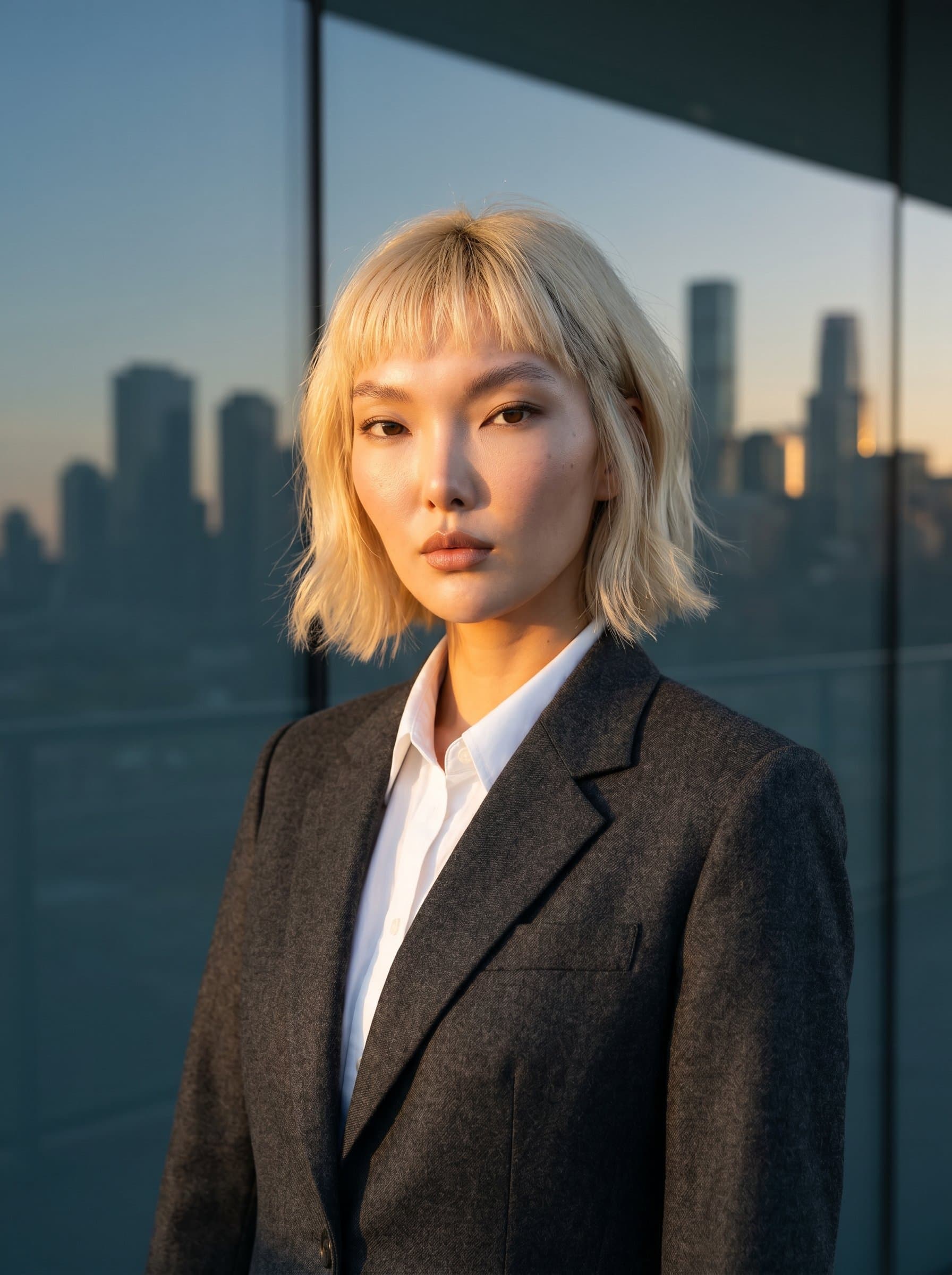 : Generate a headshot of a CEO in a modern suit, juxtaposed against a backdrop of artistic skyscraper silhouettes. The photo should communicate vision and growth, with lighting that highlights their strong leadership qualities.