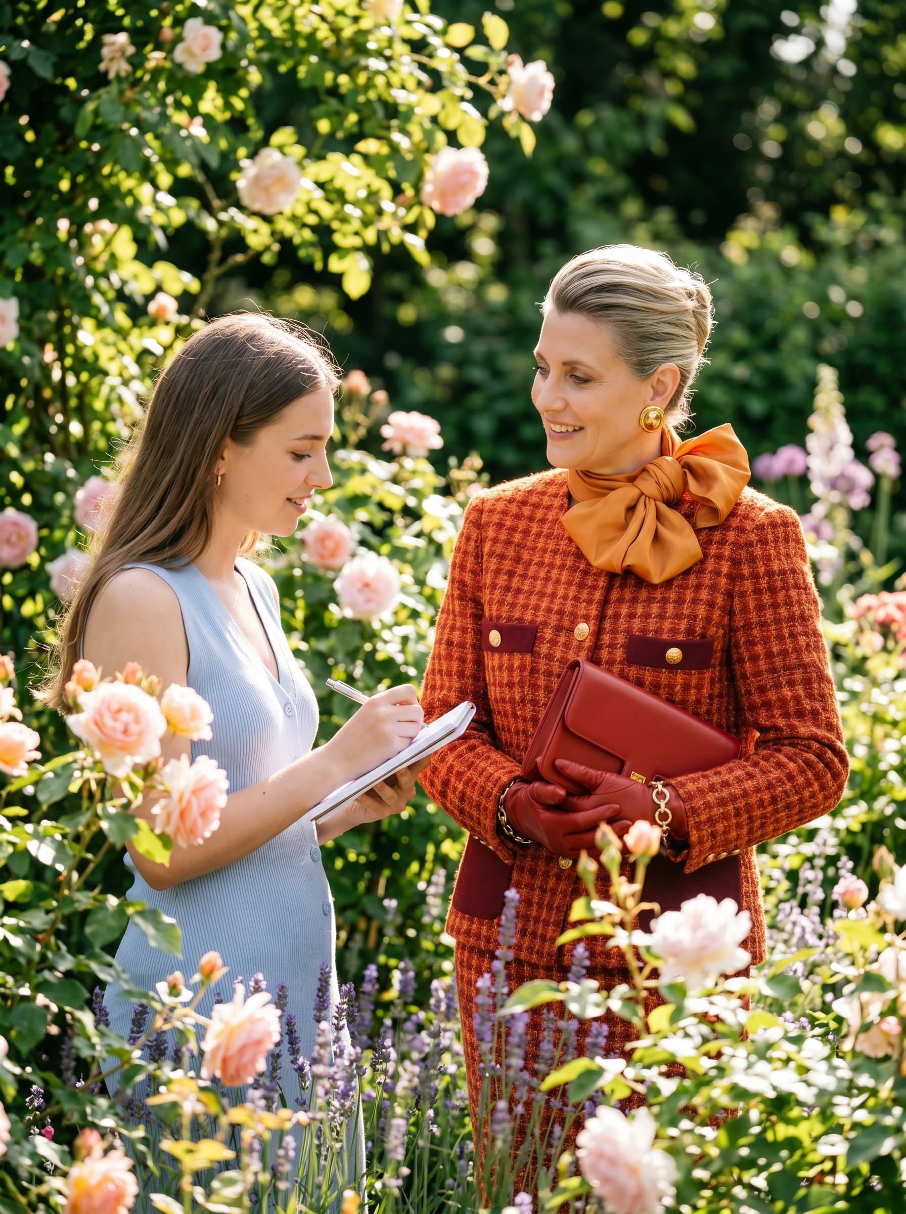 Capture the essence of confidence and wisdom with featuring a life coach in a serene, sunlit garden, surrounded by blooming flowers, symbolizing growth and transformation.