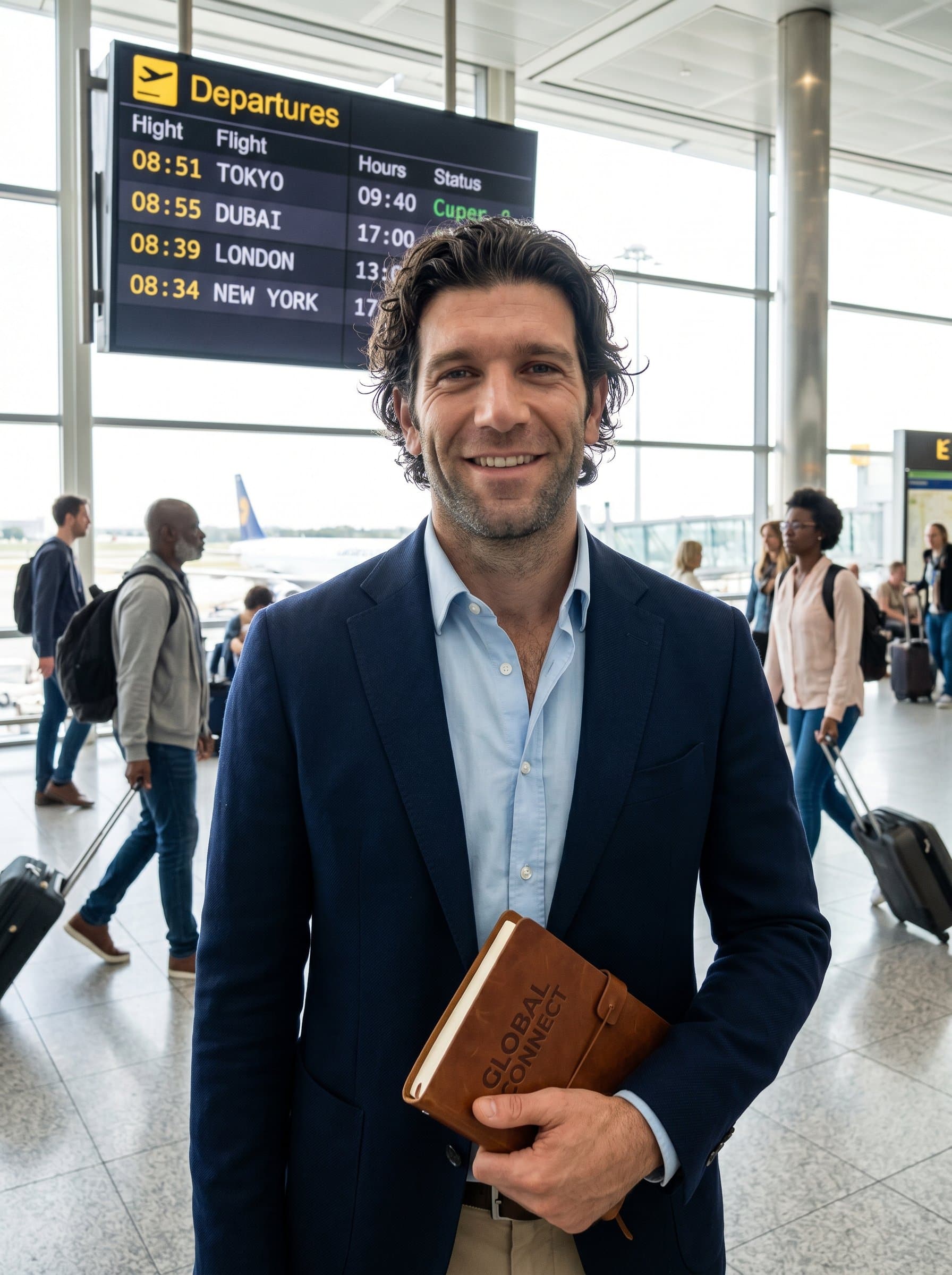 Showcase a portrait of a life coach in a bustling international airport, representing global perspectives and the drive for exploration and connection.