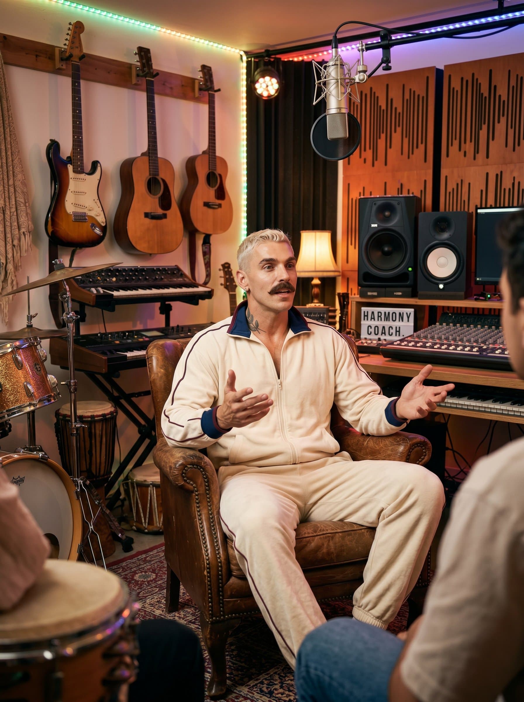 Create a featuring a life coach in a vibrant music studio. Surrounded by instruments, the setting symbolizes harmony and the rhythm of life.