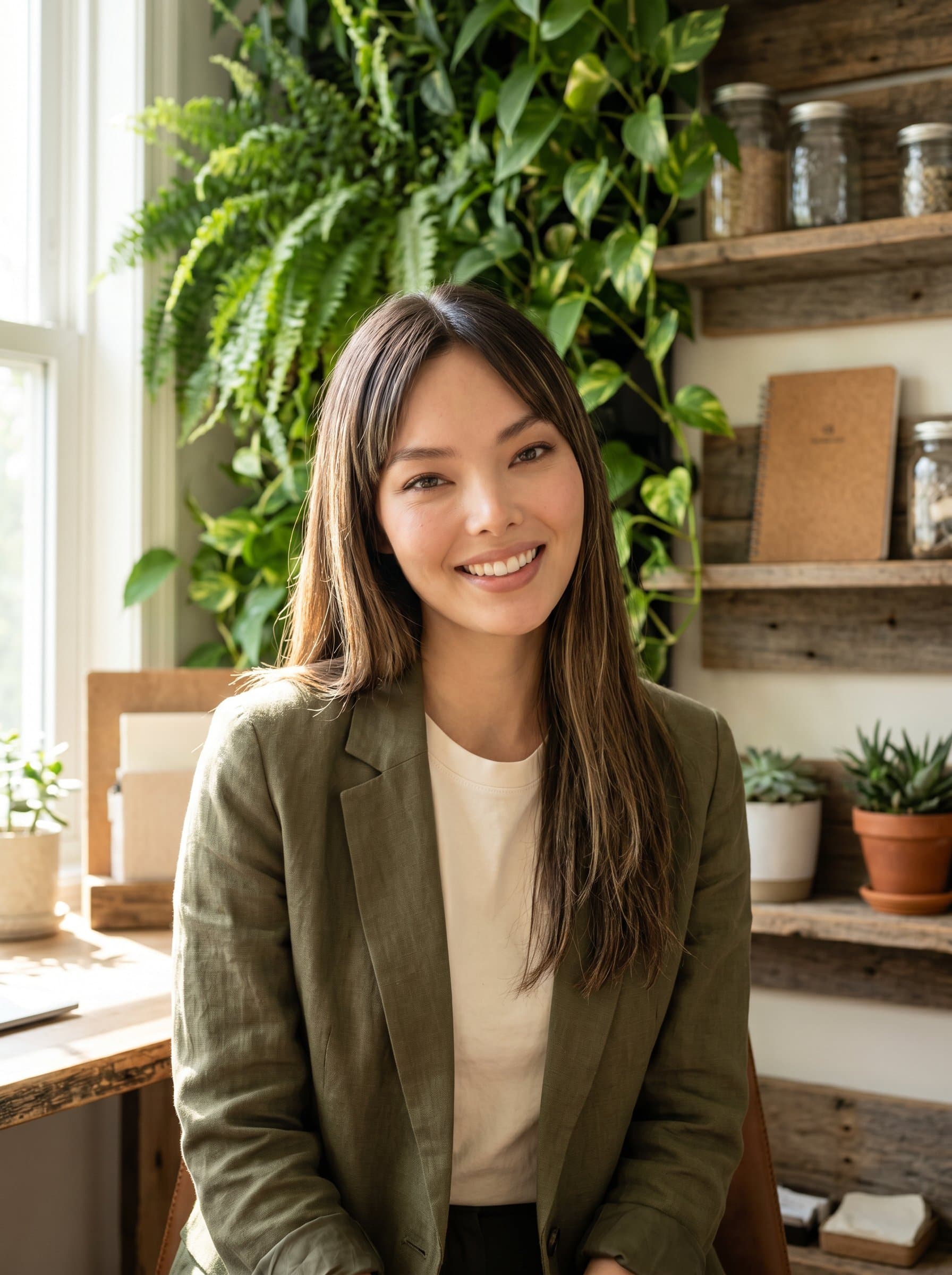 Generate a headshot of a life coach in an eco-friendly workspace adorned with greenery. This emphasizes their commitment to sustainability and a balanced lifestyle.