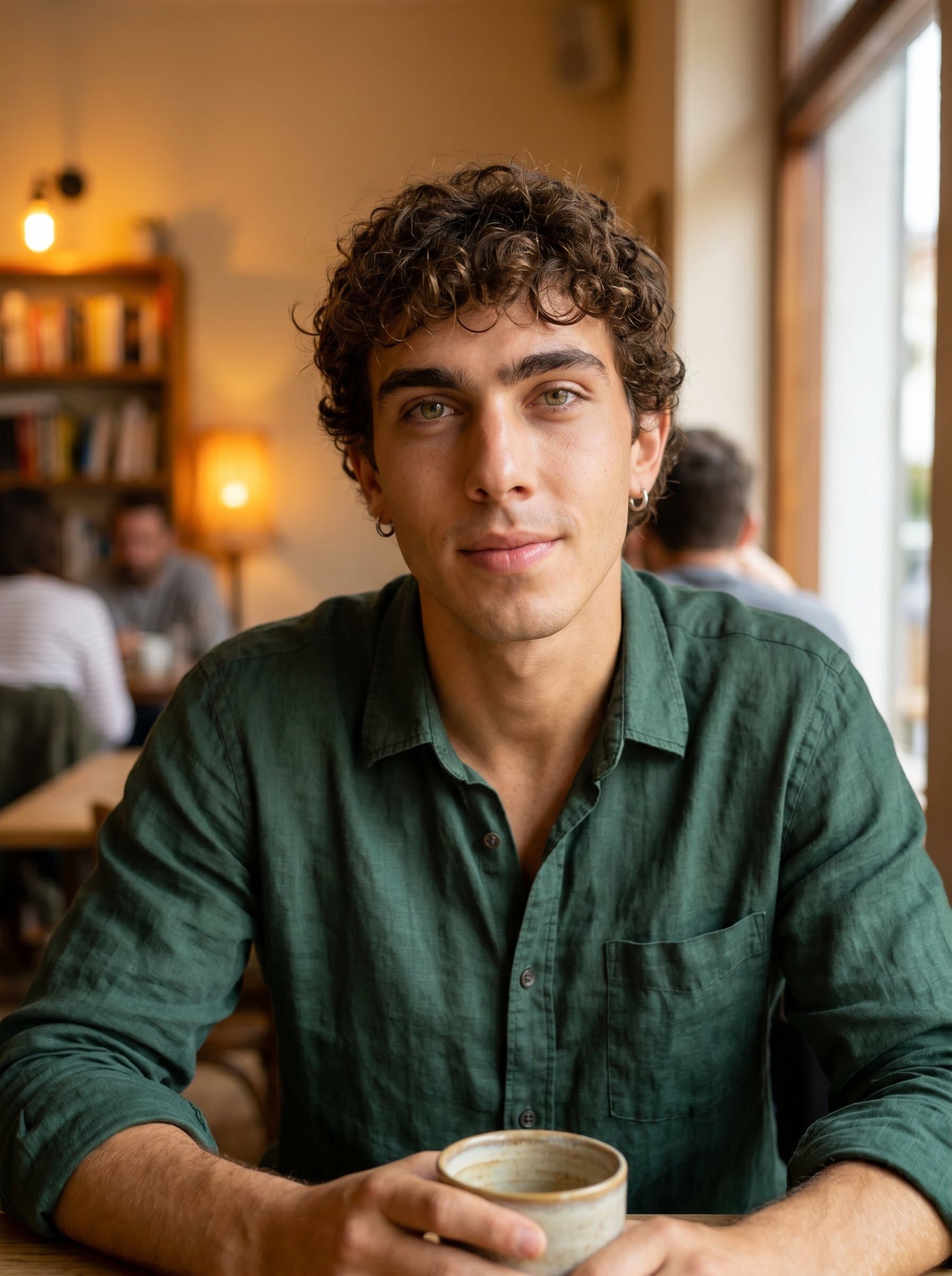 Craft a headshot where the life coach sits in a modern, cozy coffee shop. The warm ambiance and thoughtful expression reflect their dedication to nurturing personal growth.