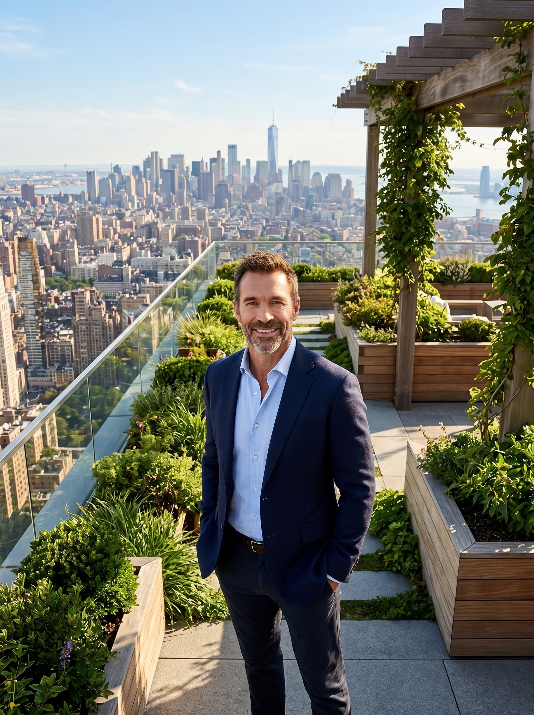 Craft a of a life coach standing on a rooftop garden in a cityscape. The elevated view symbolizes ambition and reaching new heights.