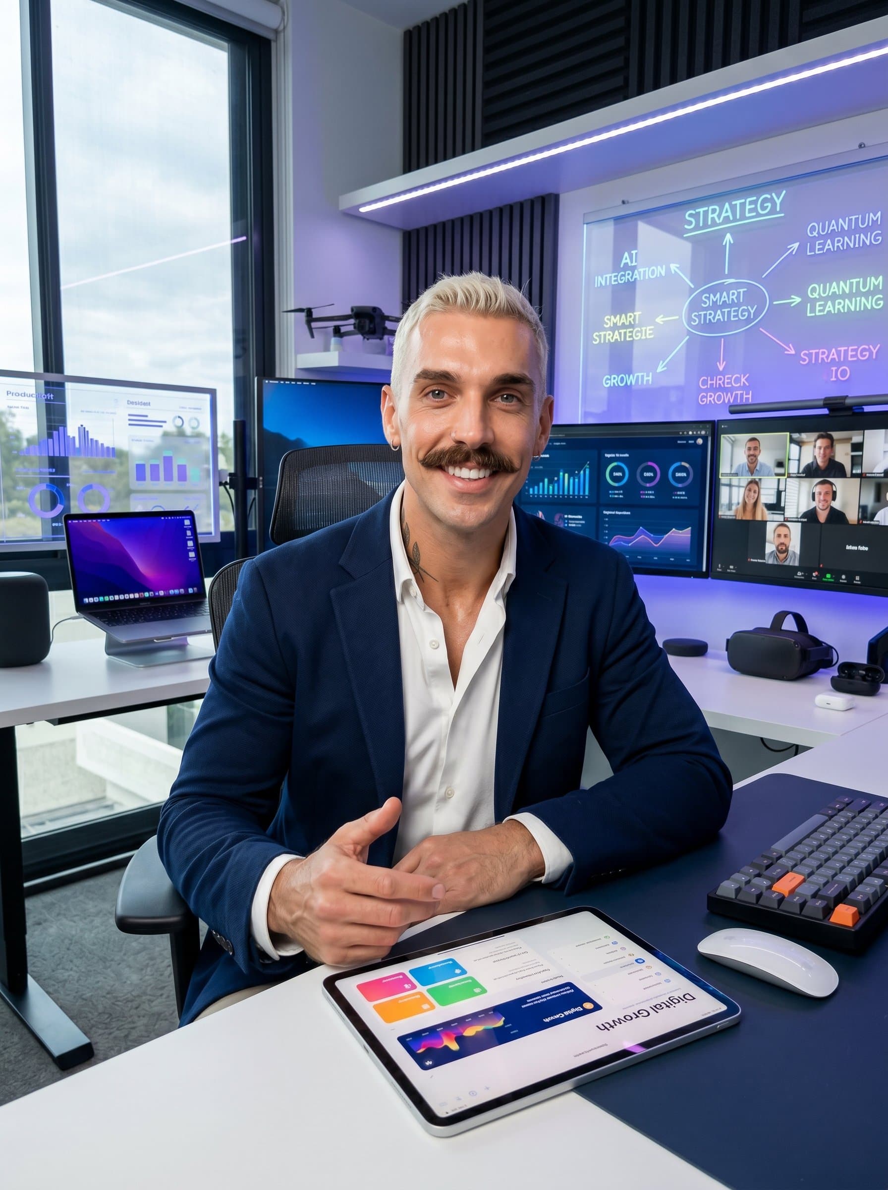 Generate a portrait with a life coach in a tech-savvy workspace, surrounded by digital gadgets. This highlights their innovative approach to coaching in a digital age.
