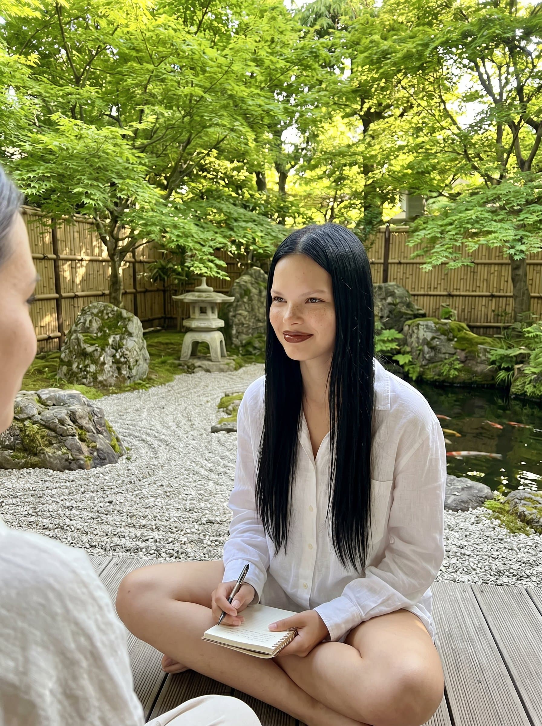 Capture a image with a life coach in a tranquil zen garden. The harmonious setting reflects their focus on balance and tranquility.