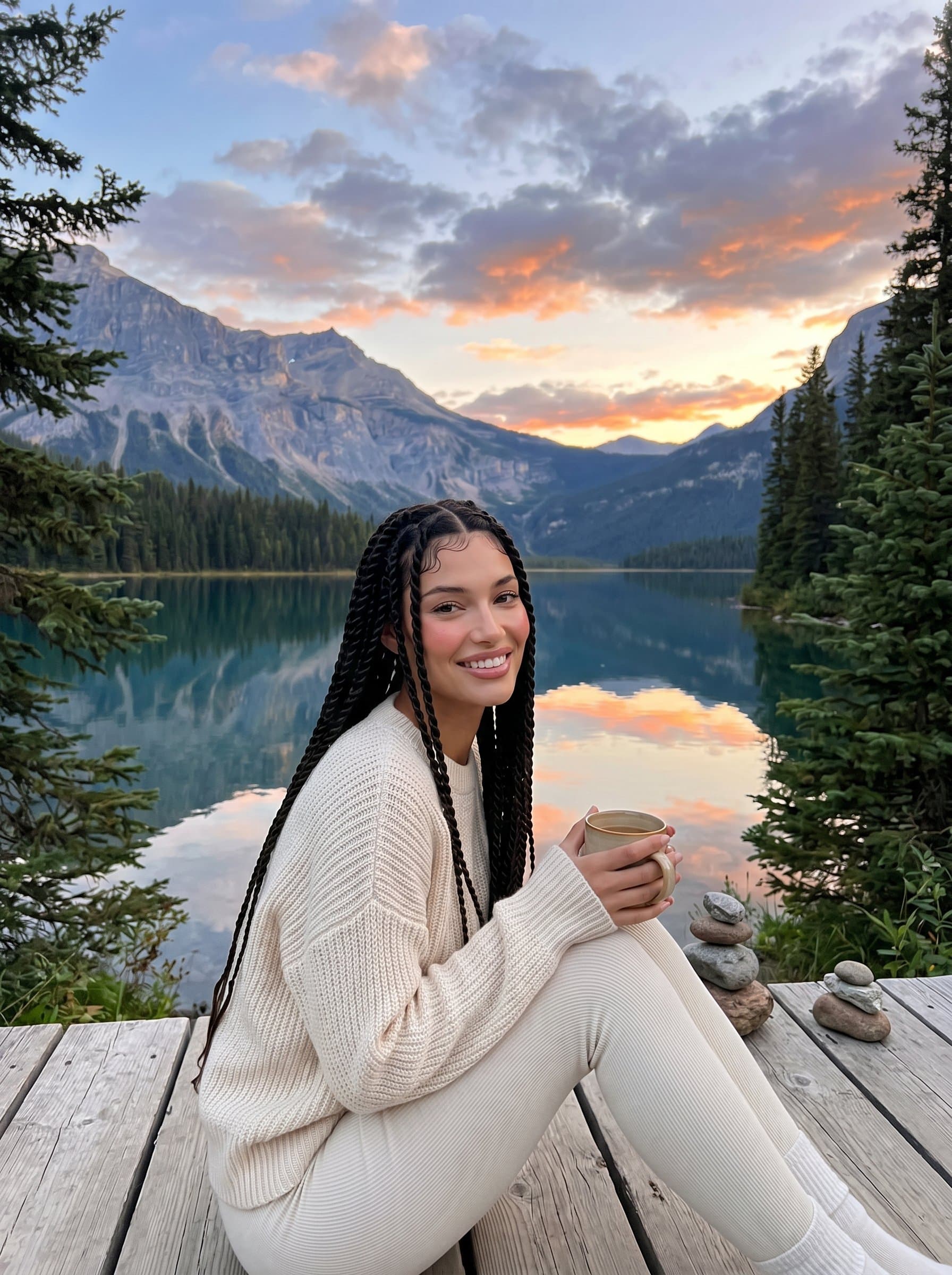 Showcase a featuring a life coach by a mountain lake at dusk. The serene scenery represents inner peace and the pursuit of balance.