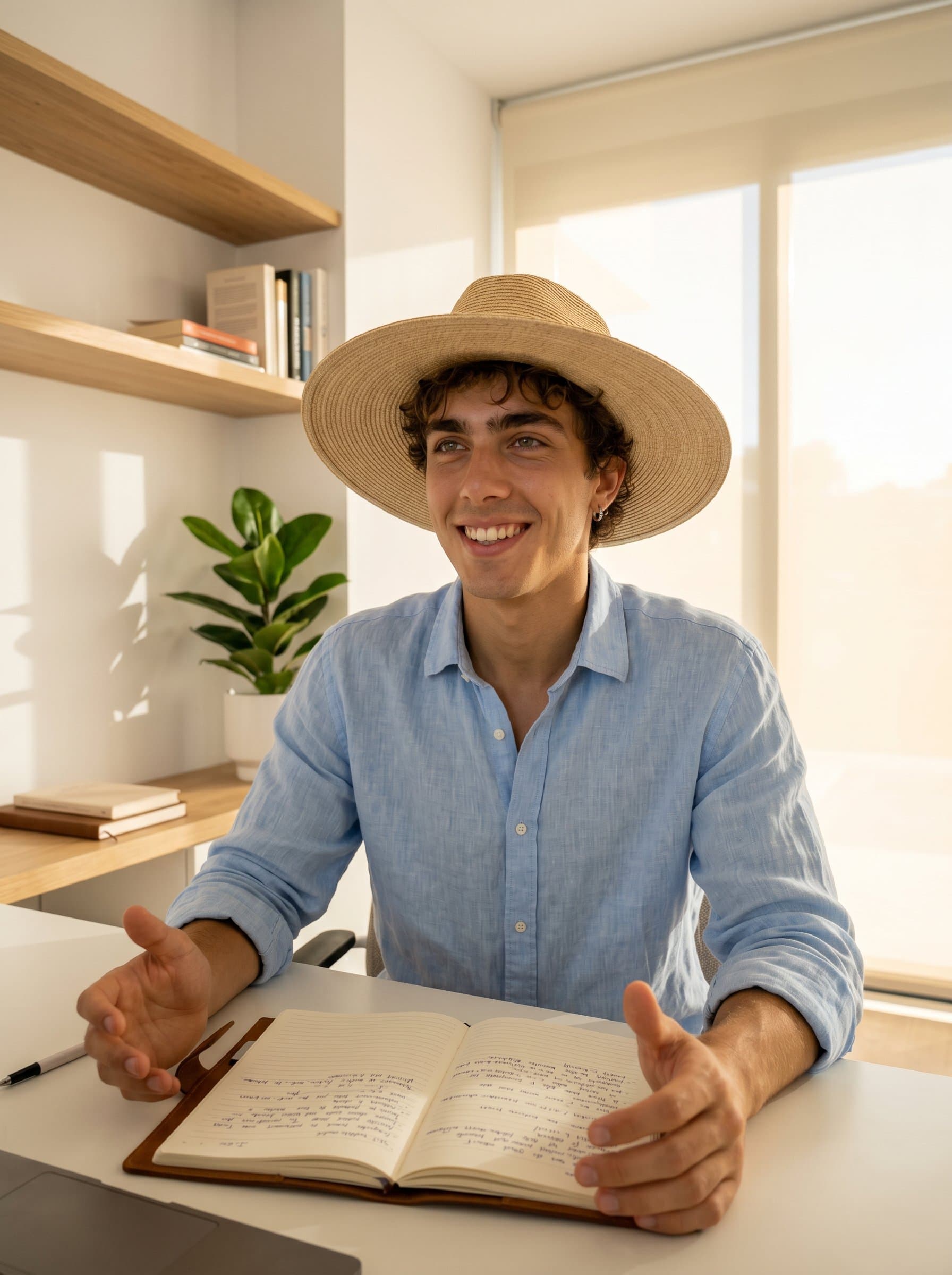 Create a stunning image of a life coach in a minimalist home office, showcasing their organized and focused nature, with warm lighting highlighting their approachable and motivating demeanor.