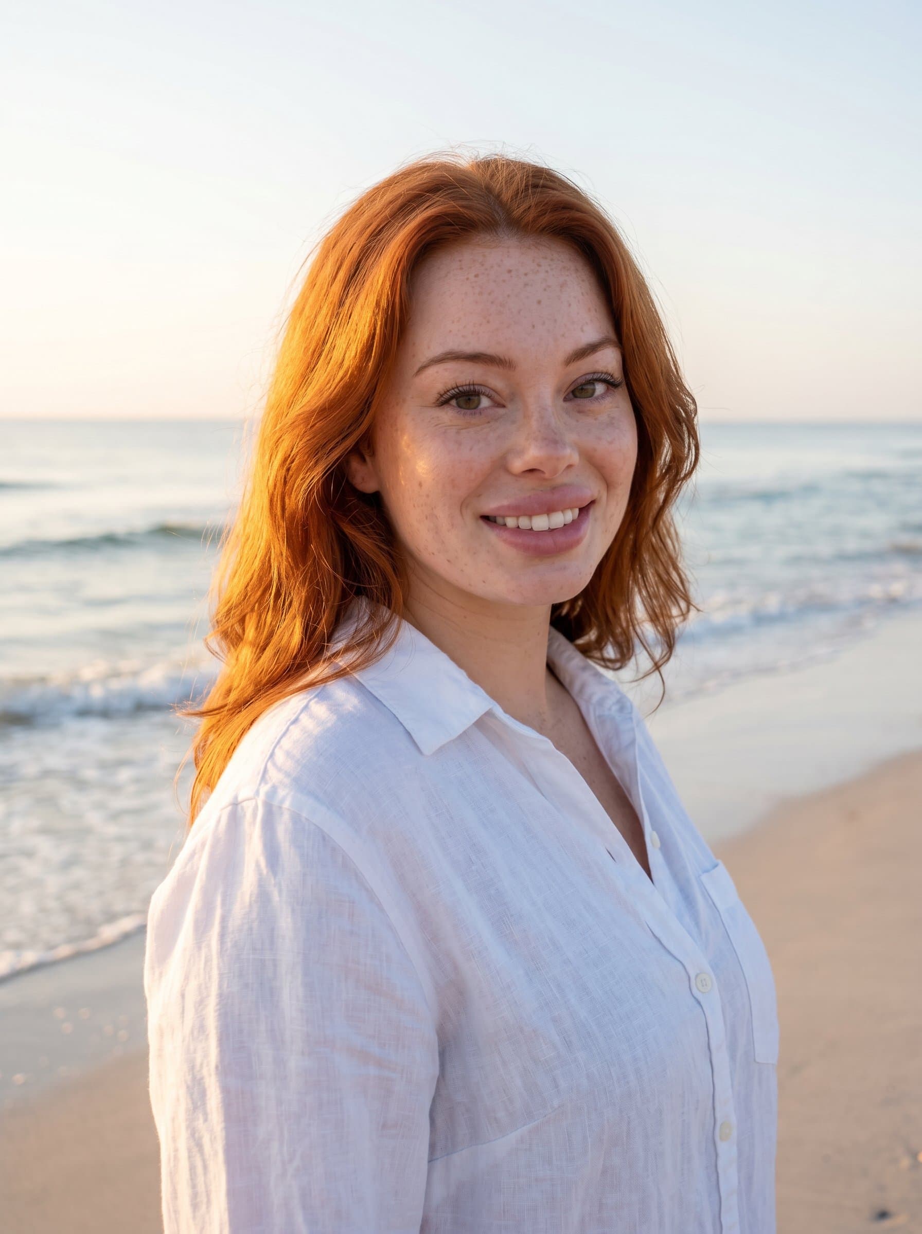 Showcase a life coach in a headshot, standing on a beach at sunrise. The gentle waves and soft lighting emphasize clarity and new beginnings.
