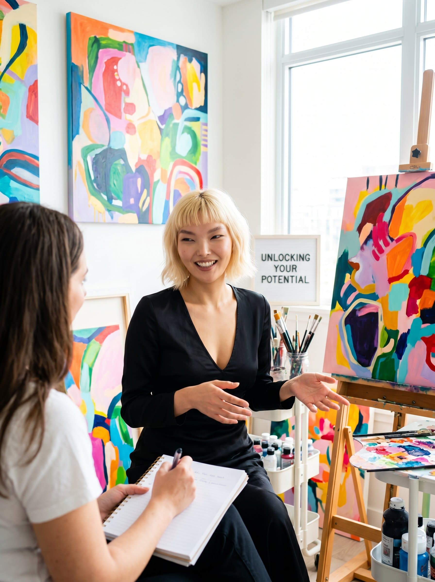 Produce a image of a life coach in a vibrant art studio. The colorful artworks and creative setting symbolize inspiration and the unlocking of potential.
